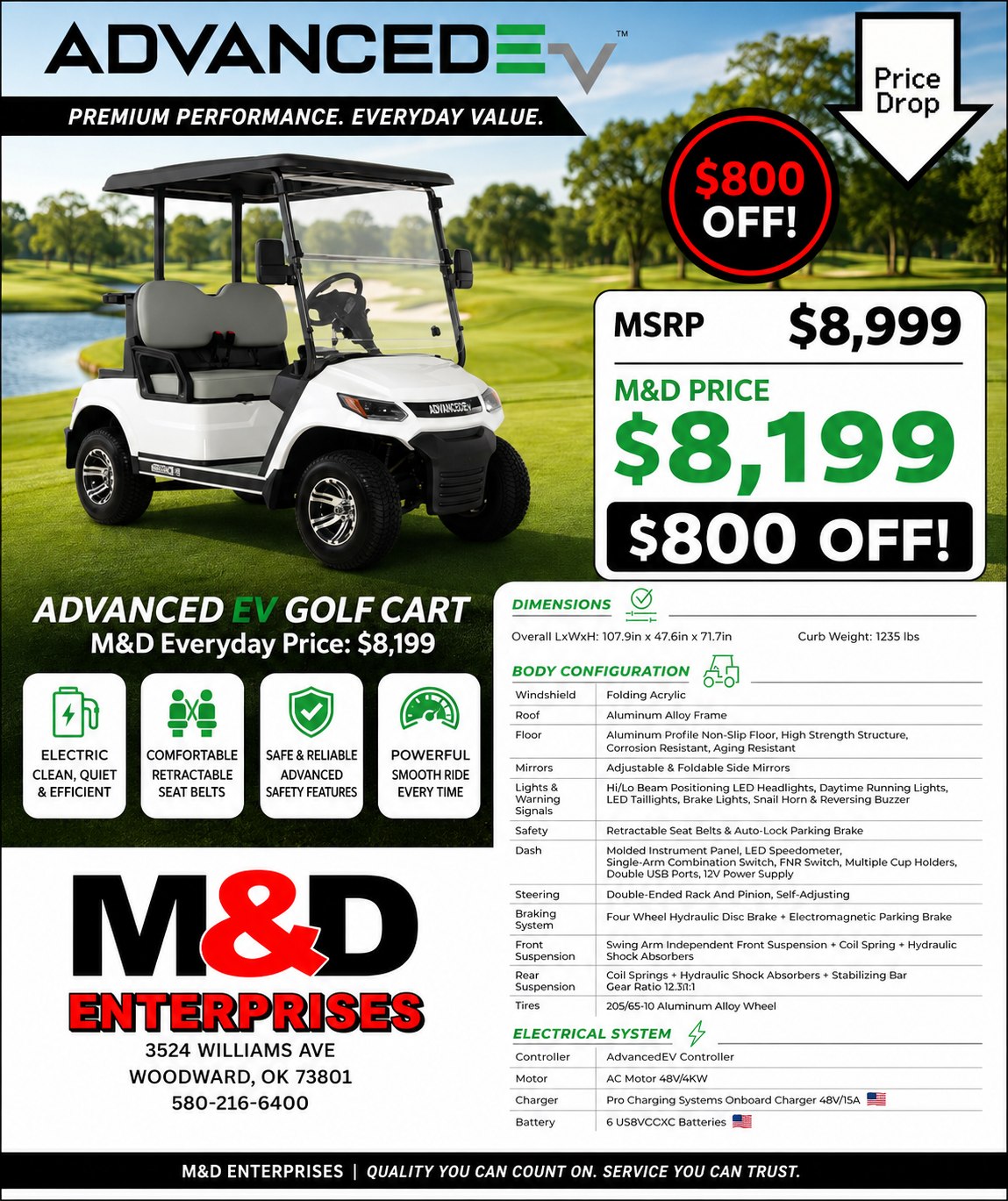 M&D Enterprises & Lawnmower Shops Woodward Facebook ad: NEW Advanced EV Golf Cart - NOW ONLY…