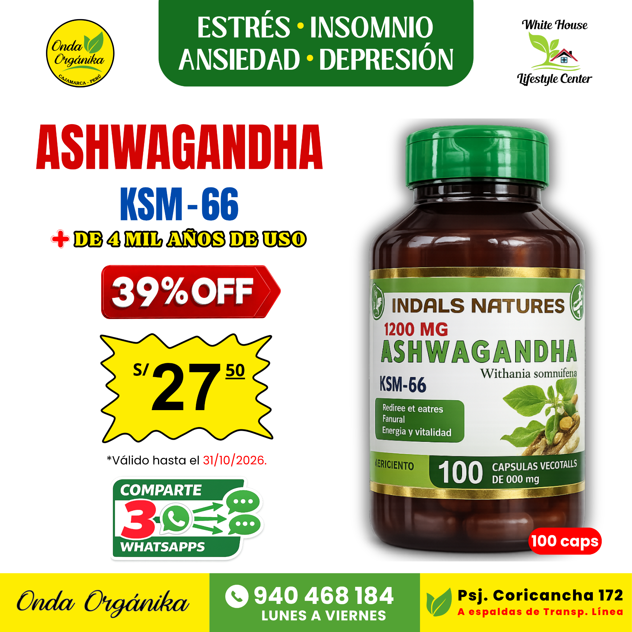 Onda Organika Perú Facebook ad: ¡Descuento en Ashwagandha KSM-66!