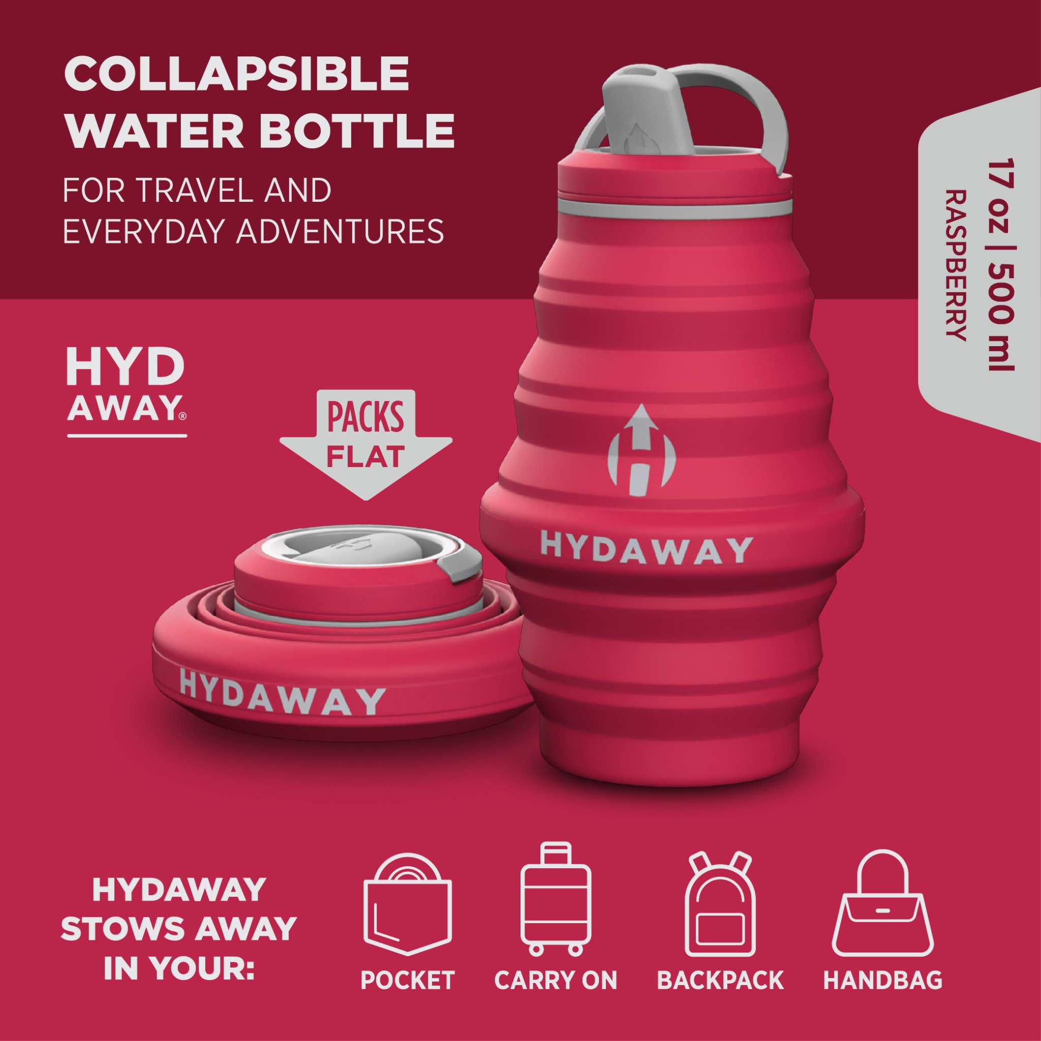 HYDAWAY Facebook ad: Pack Small, Adventure Big - Hydrate Anywhere!