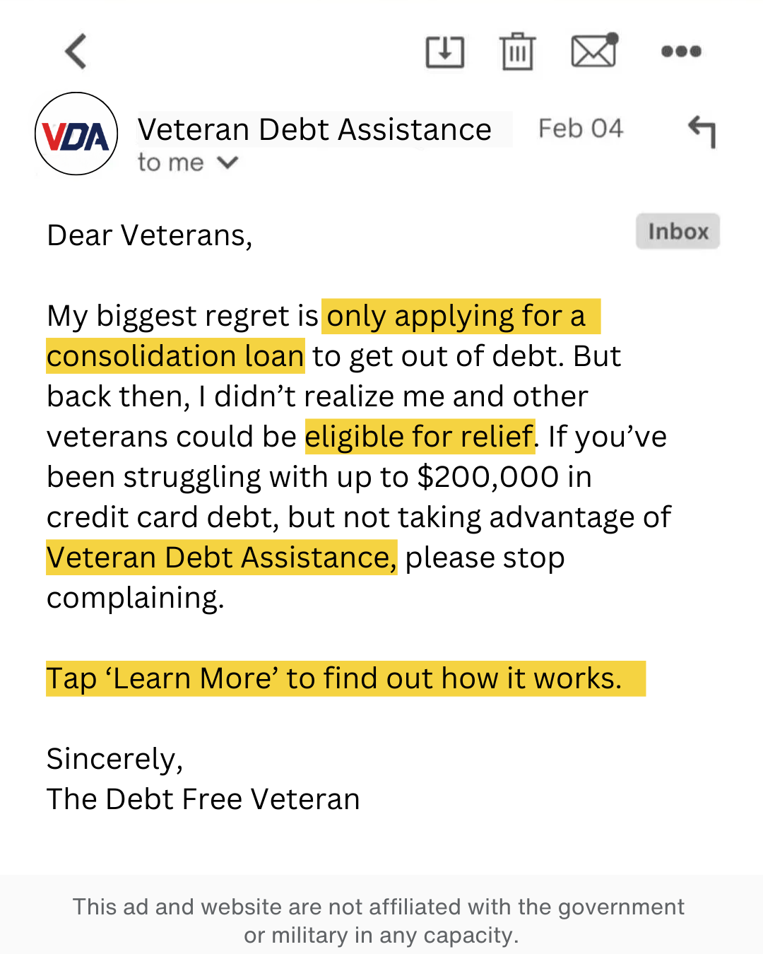 Veteran Debt Assistance Facebook ad