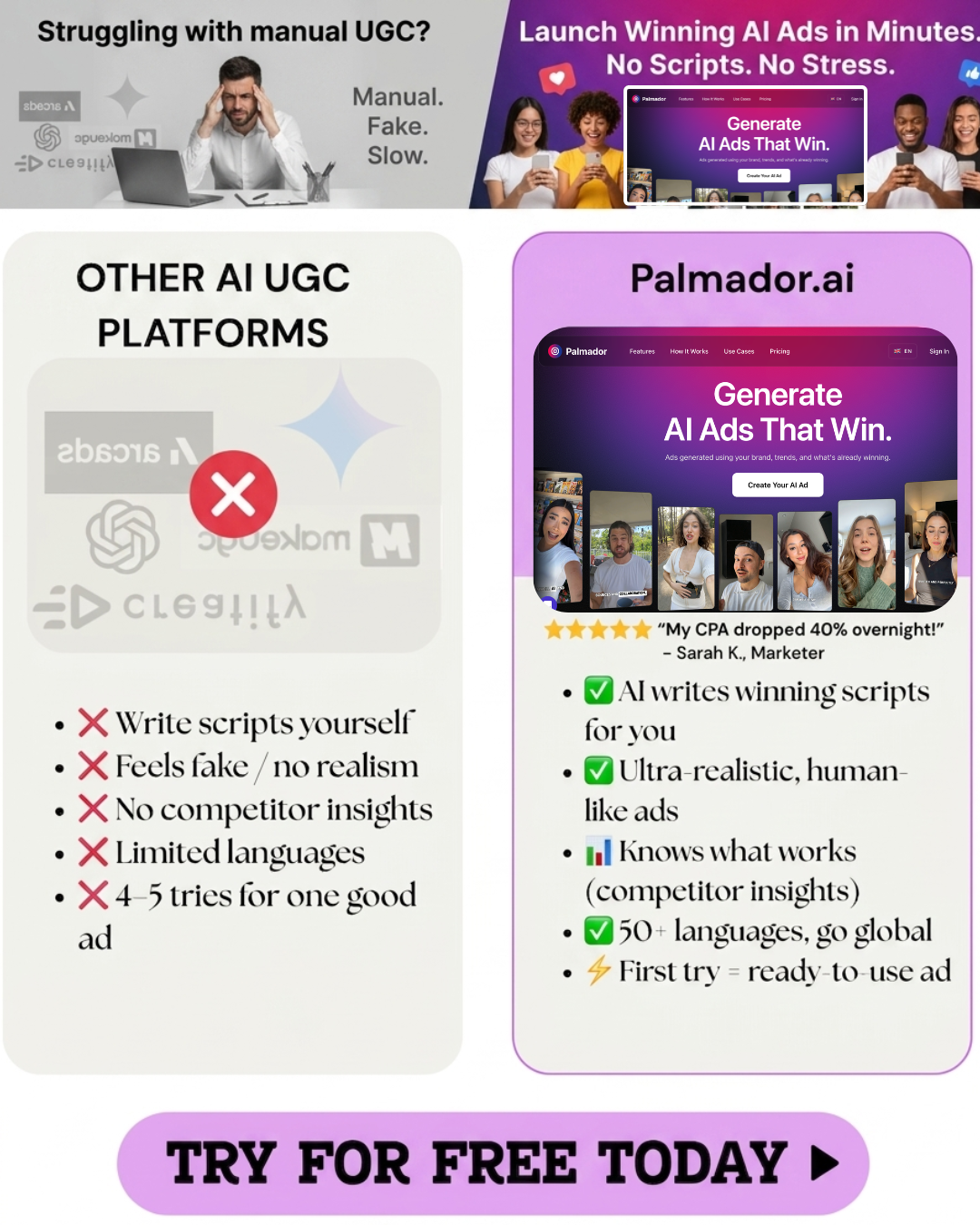 Palmador Facebook ad: Ready-To-Use Ads First Try
