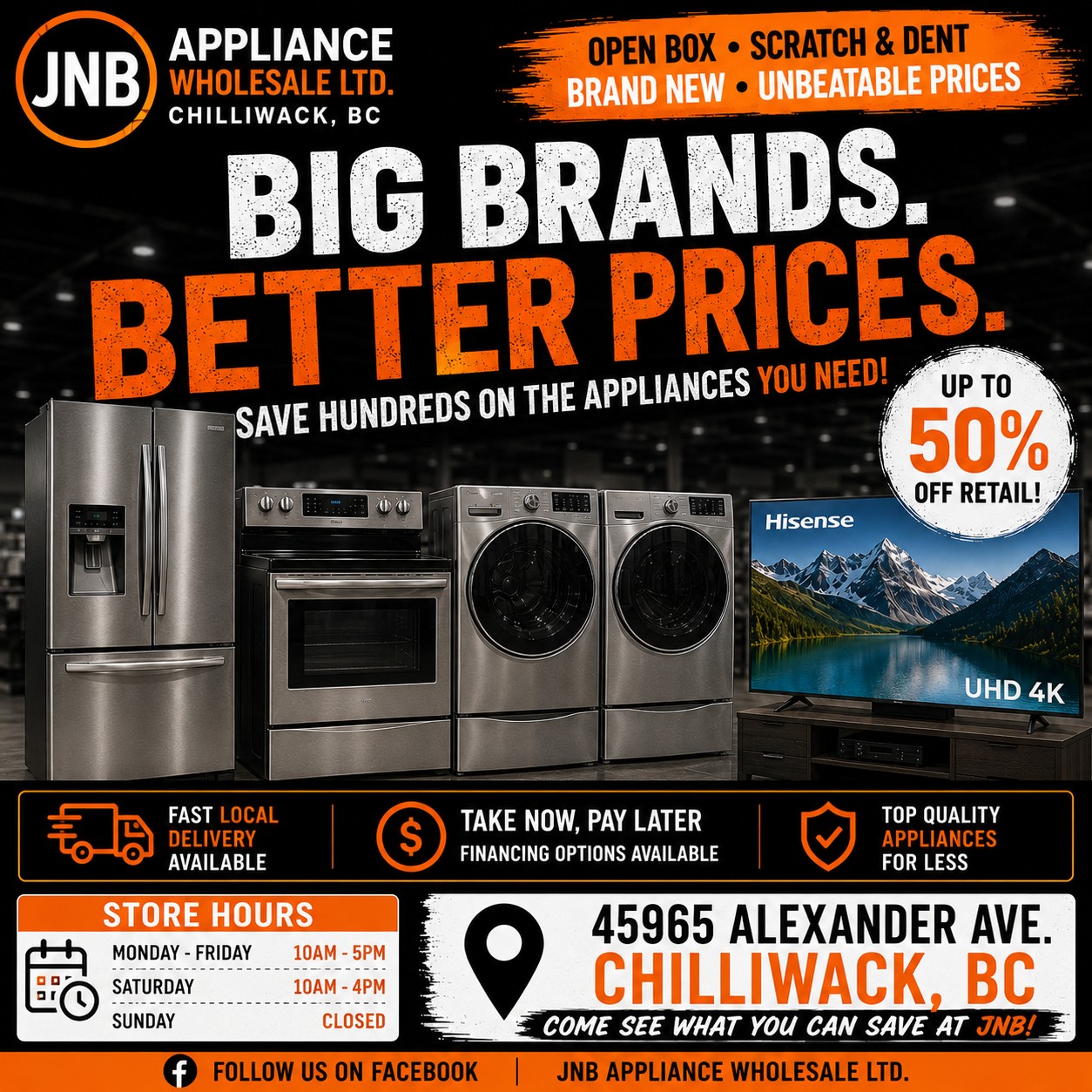 JNB Appliance Wholesale LTD. Facebook ad: BIG BRANDS. BETTER PRICES.