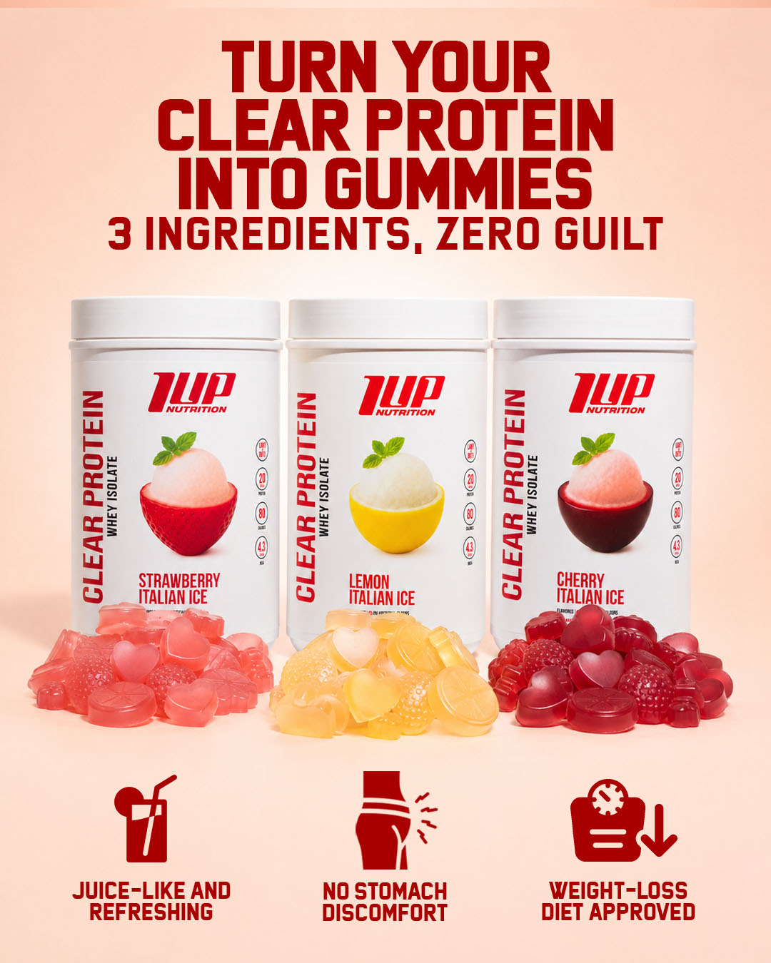 1 Up Nutrition Facebook ad: 20% OFF + FREE Protein Recipe eBook Included
