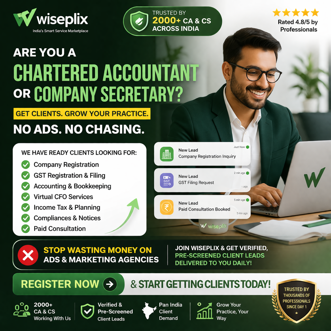 Wiseplix Facebook ad: Are you a Chartered Accountant or Company Secretary…
