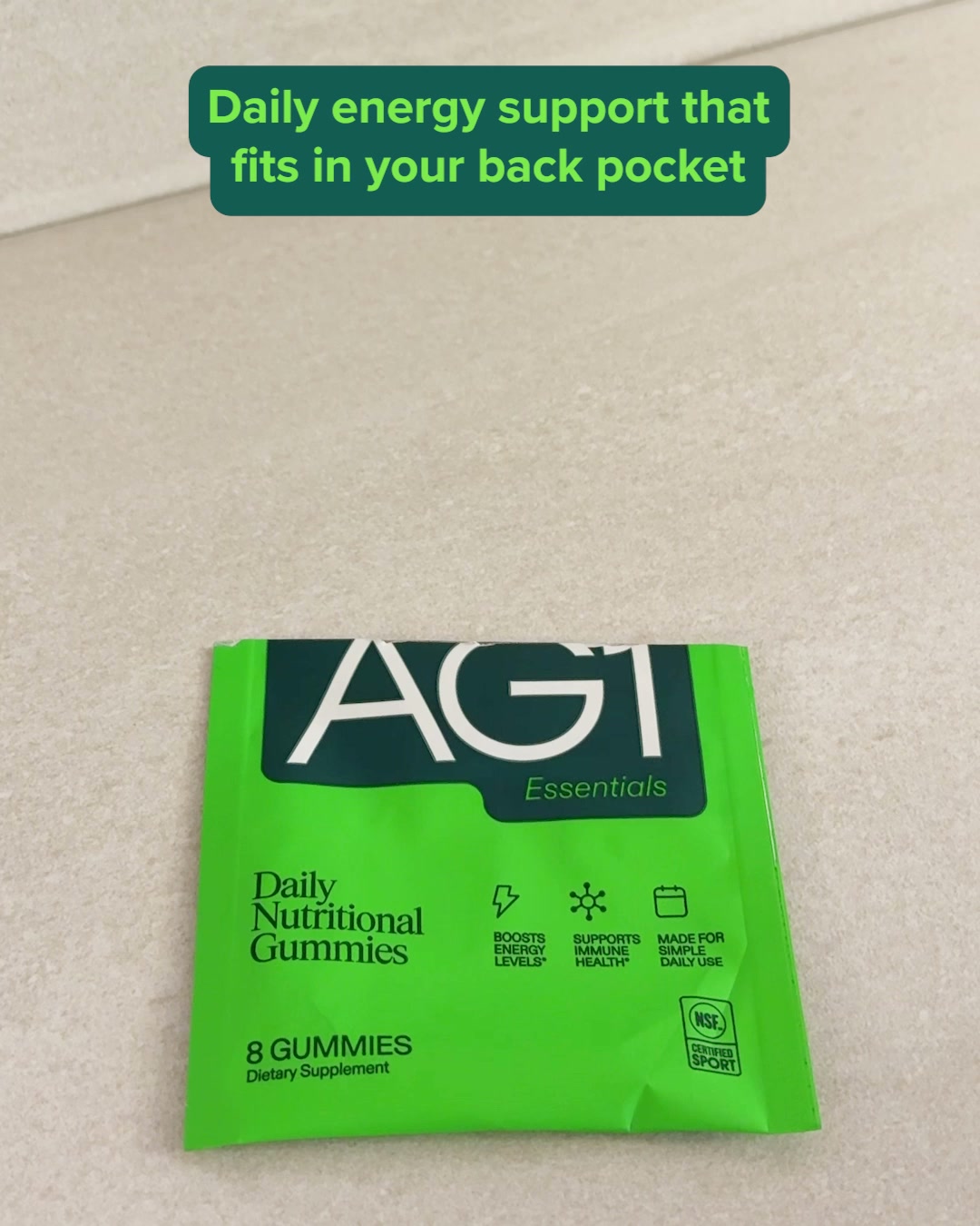 AG1 by Athletic Greens Facebook ad: Boosts energy levels.* No mixing required.