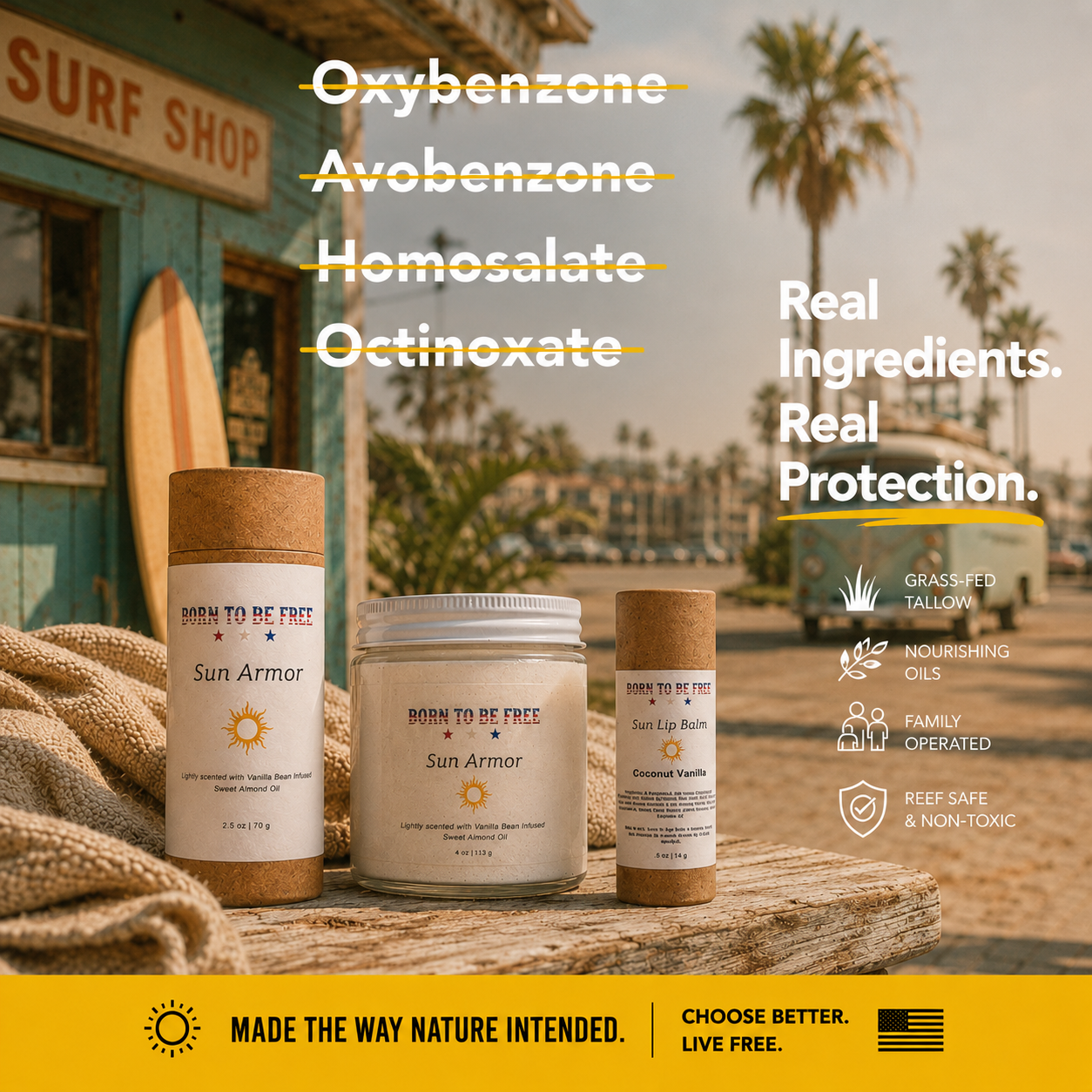 Born To Be Free Facebook ad: Most sun care is packed with ingredients we…
