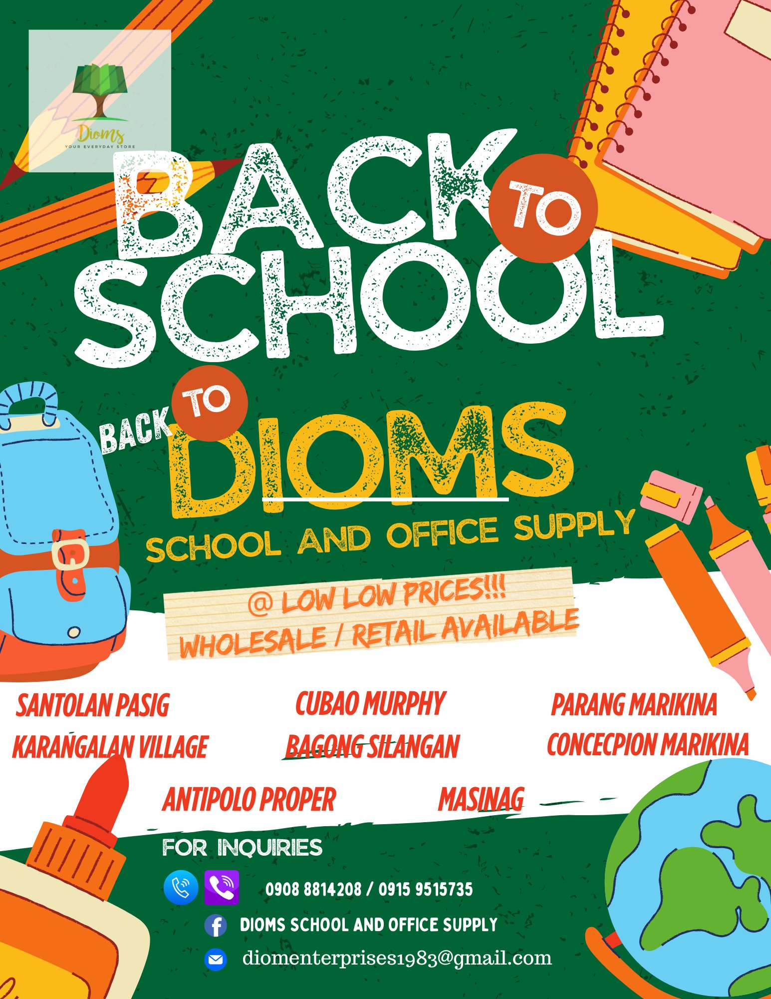 Dioms School and Office Supplies Facebook ad: RAIN OR SHINE, WE'VE GOT YOU COVERED!