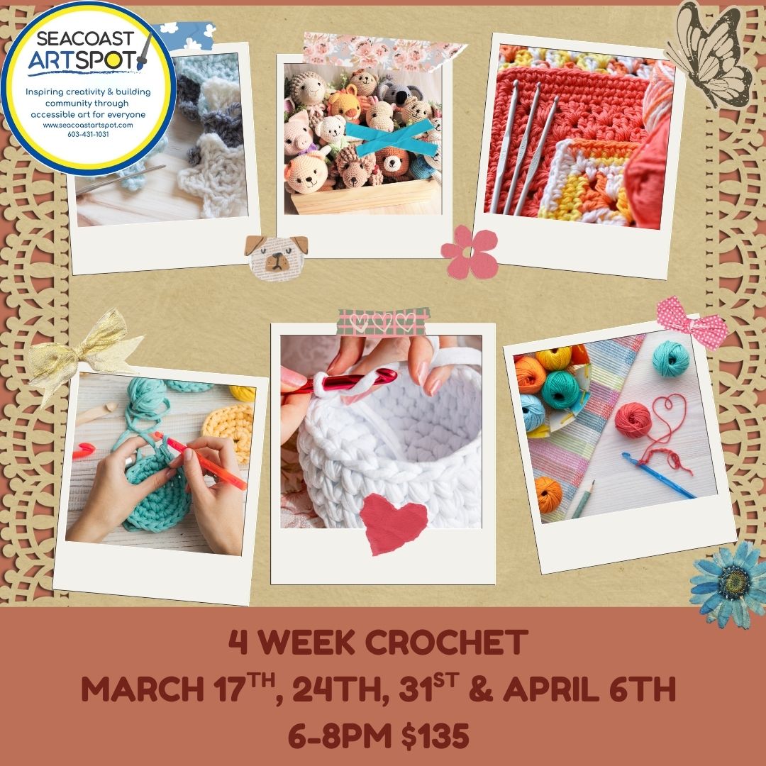 Seacoast ArtSpot Facebook ad: Beginning and Continuing Crochet with Marcia! 4 classes $135