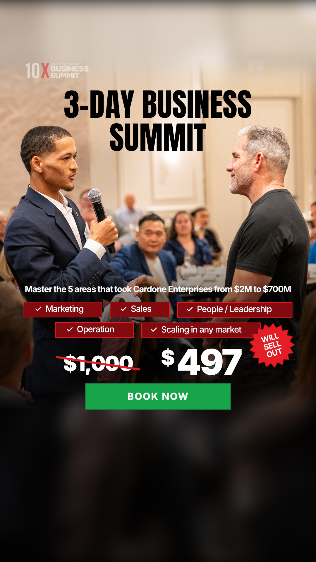 Grant Cardone Facebook ad: 5 Areas. $2M to $700M. 3 Days. $497.