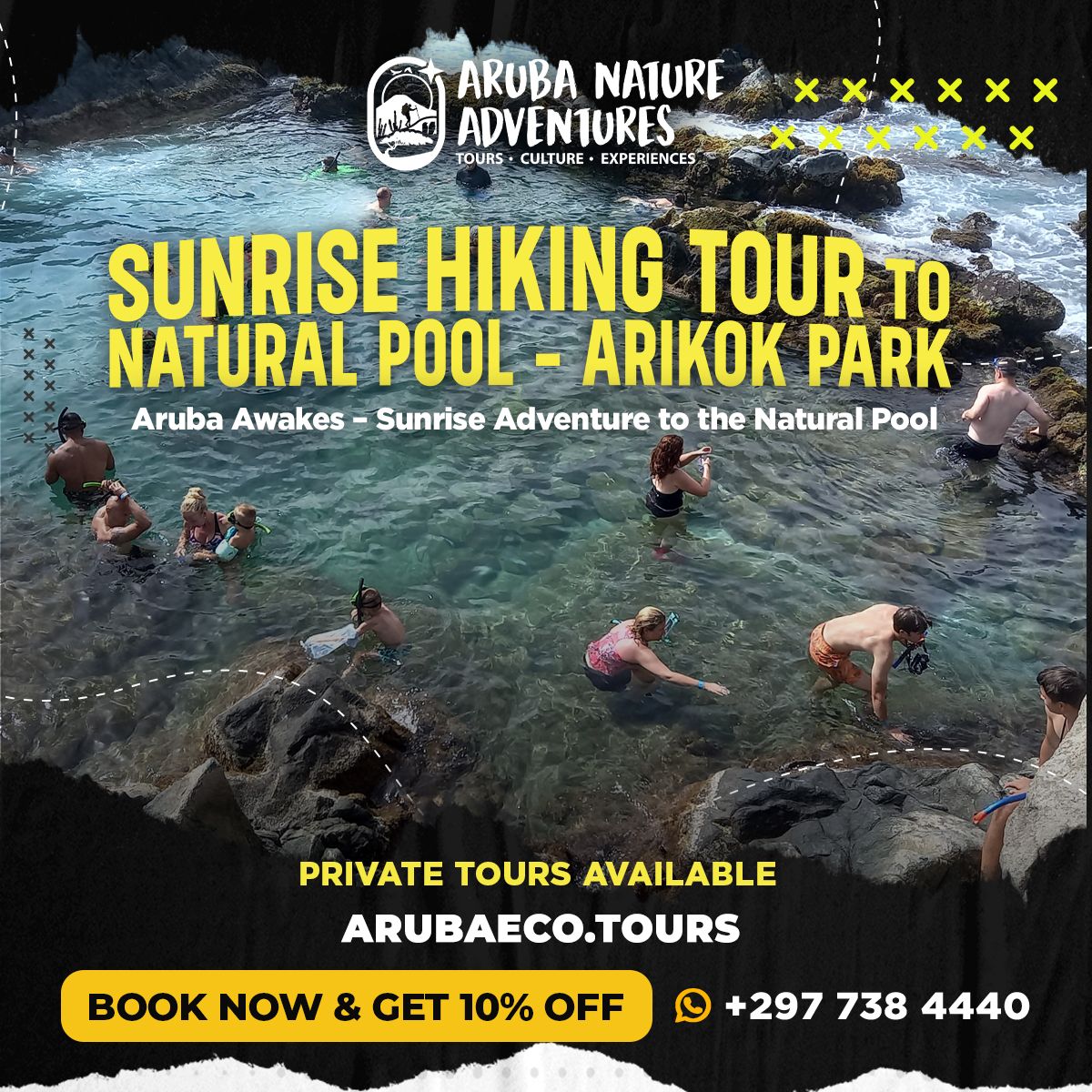 Aruba Nature Adventures Facebook ad: Sunrise Hike to The Natural Pool, Aruba