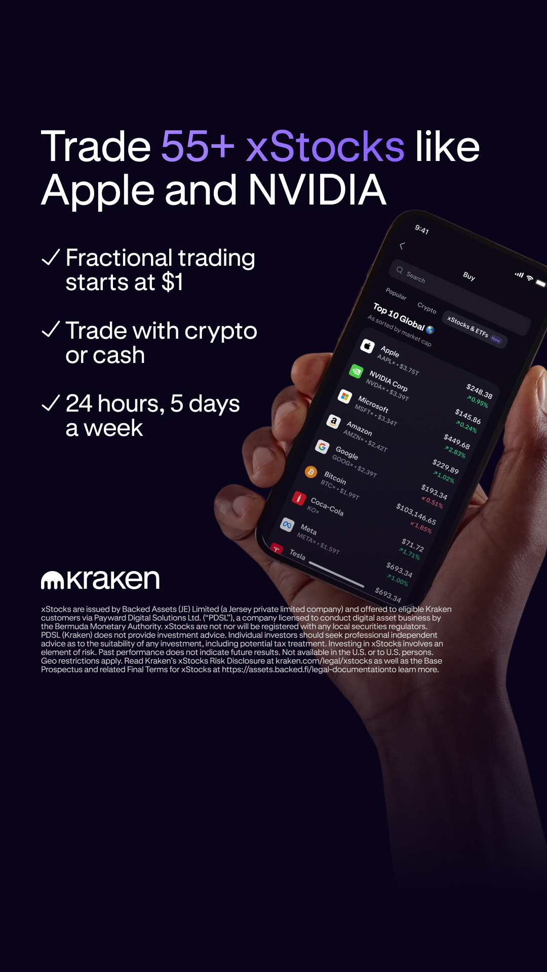 Kraken Digital Asset Exchange Facebook ad: 55+ tokenized US equities available