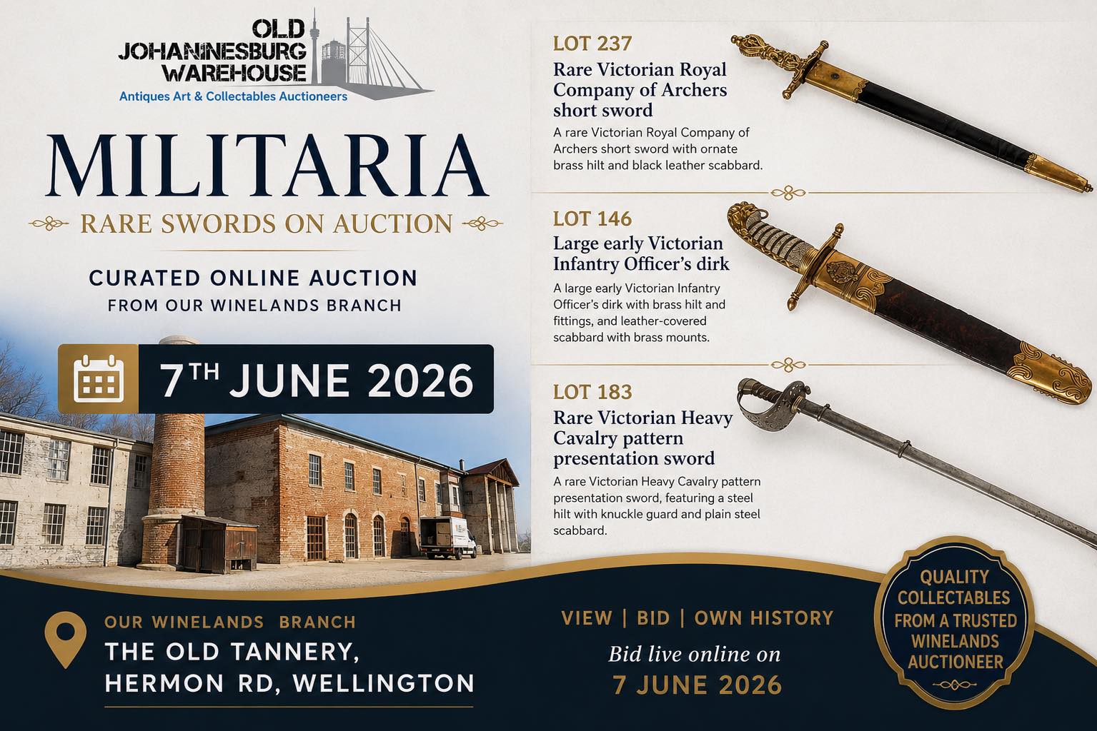 Old Johannesburg Warehouse Auctioneers Facebook ad: Our Winelands branch Curated Auction for 2026 is…