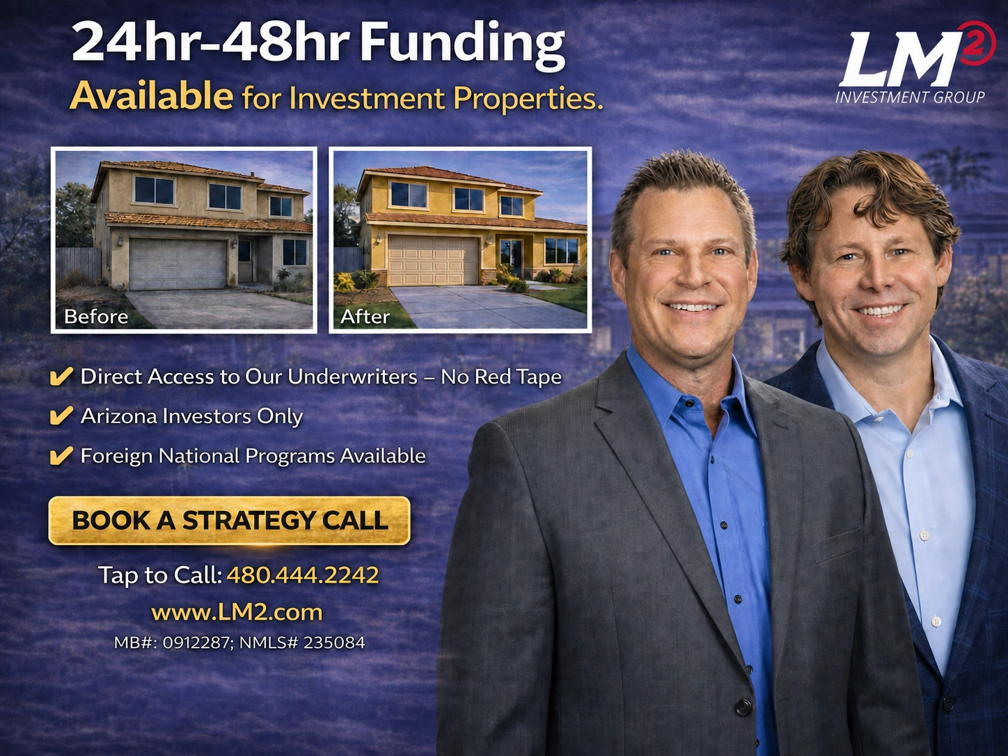 LM2 Investment Group Facebook ad: Fund Your Next Deal in 24-48 Hours