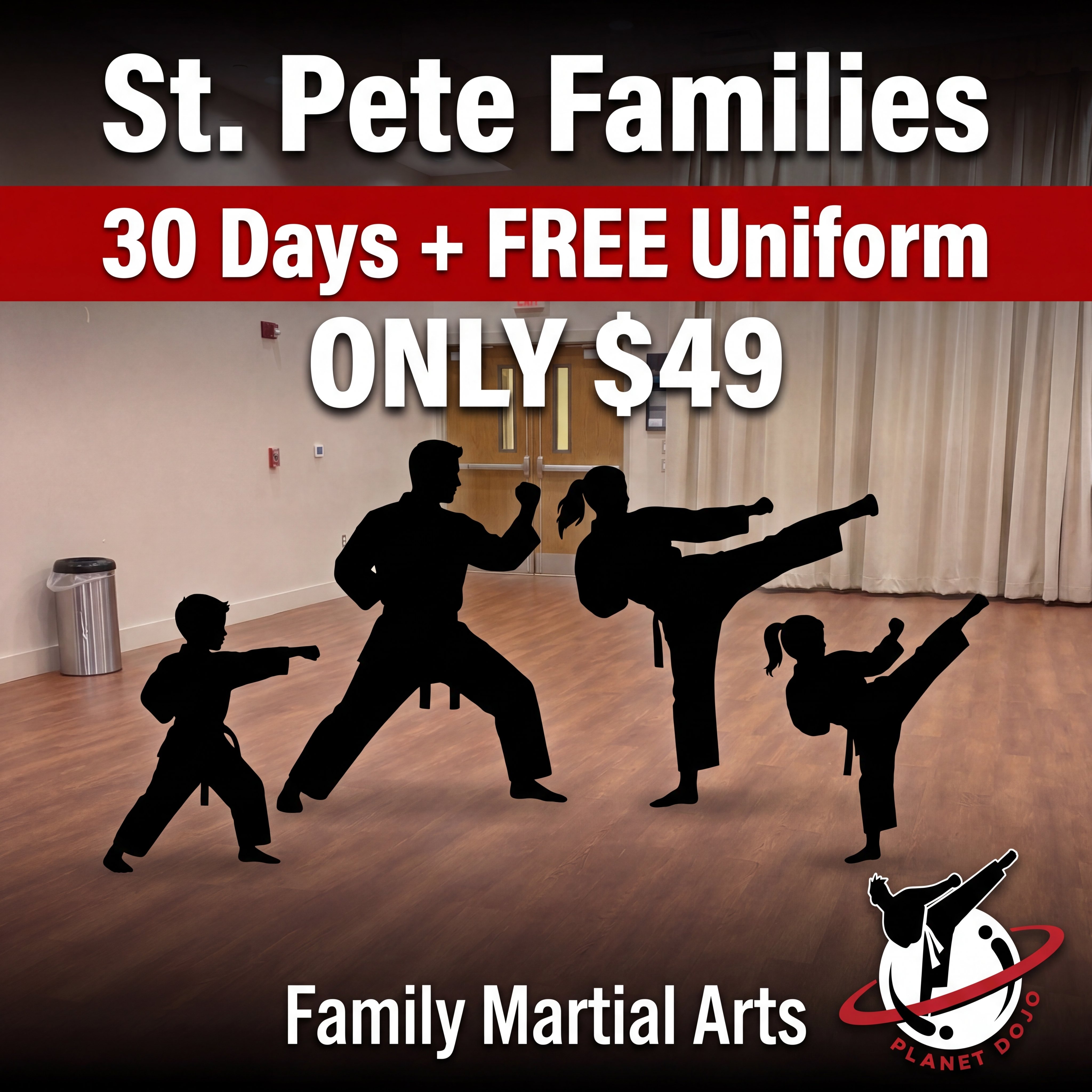 Planet Dojo Martial Arts Facebook ad: 30 Days + FREE Uniform | Only $49