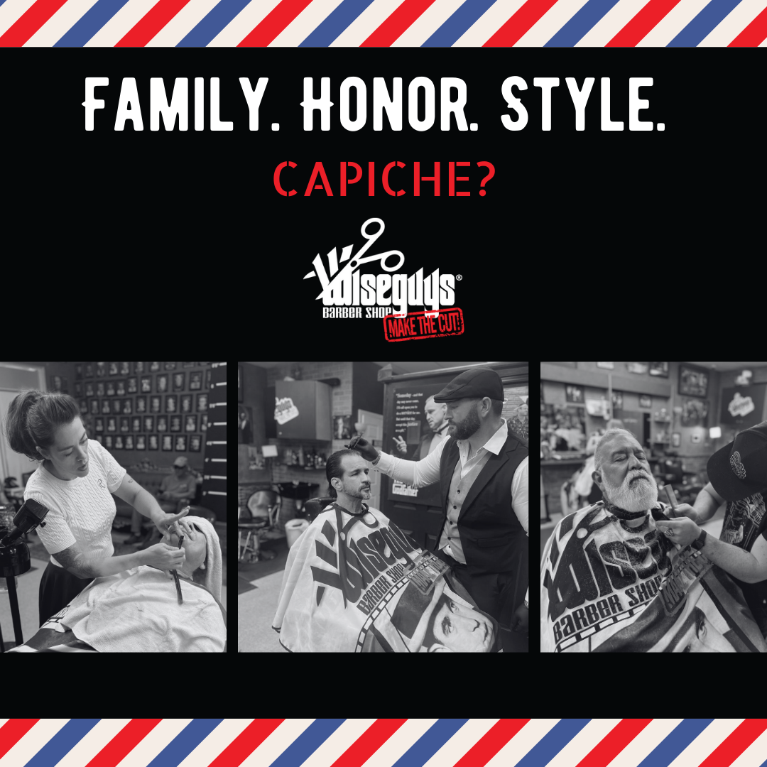Wiseguys Barbershop Facebook ad: Family. Honor. Style