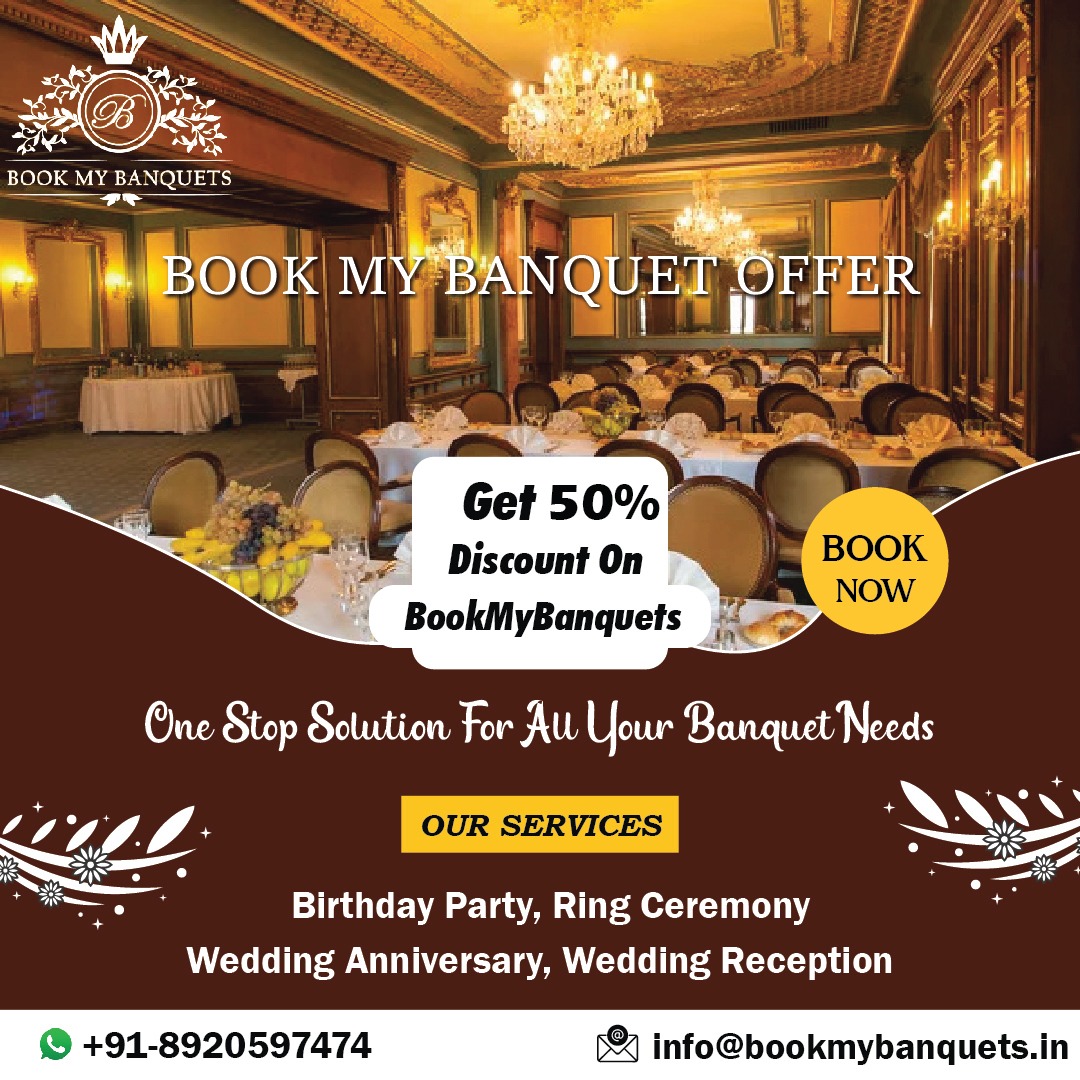 Bookmybanquet Facebook ad: Weddings, Receptions & More, Get 50% Off Banquet…