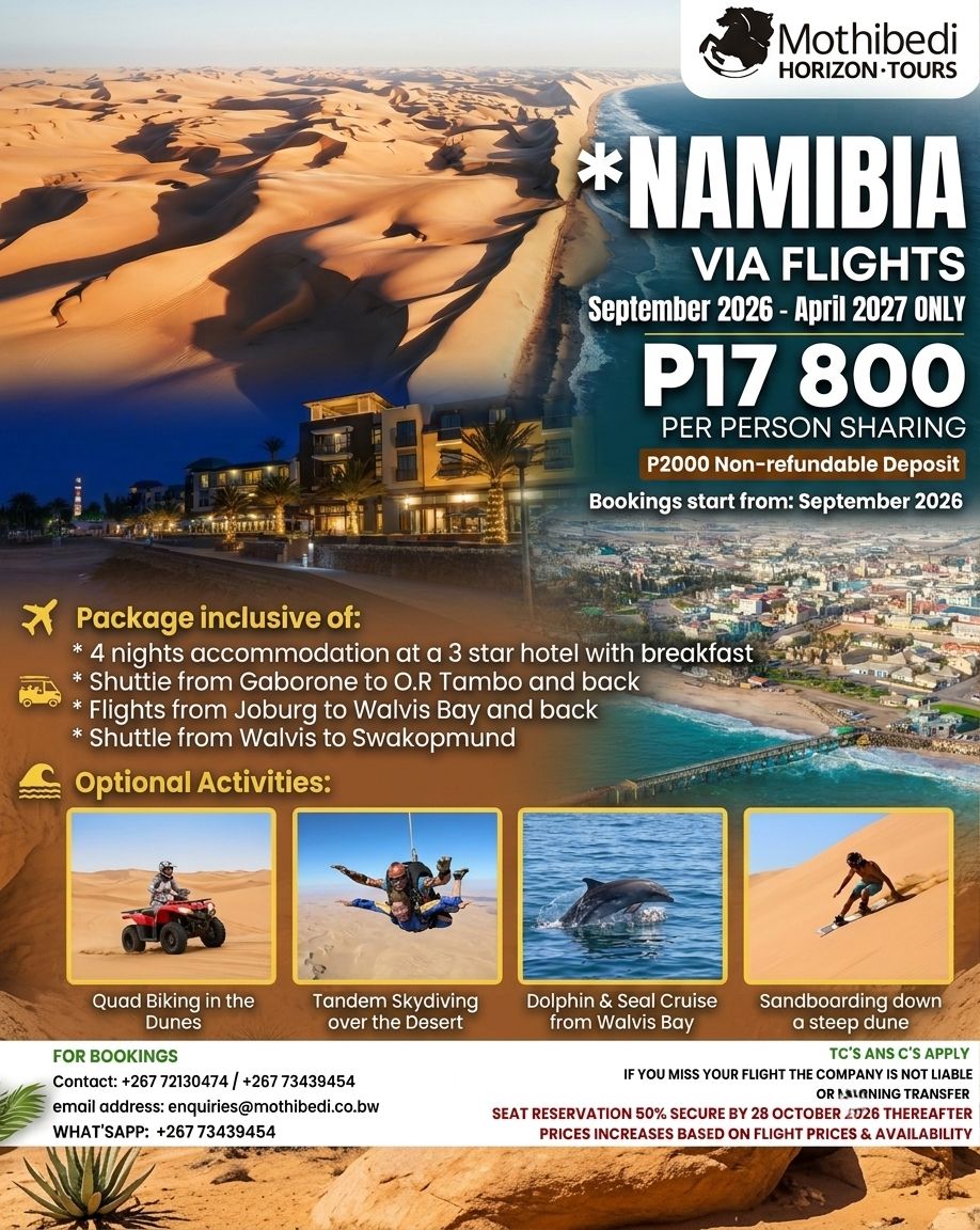Mothibedi Horizon Tours Facebook ad: Namibia Swakopmund via flights