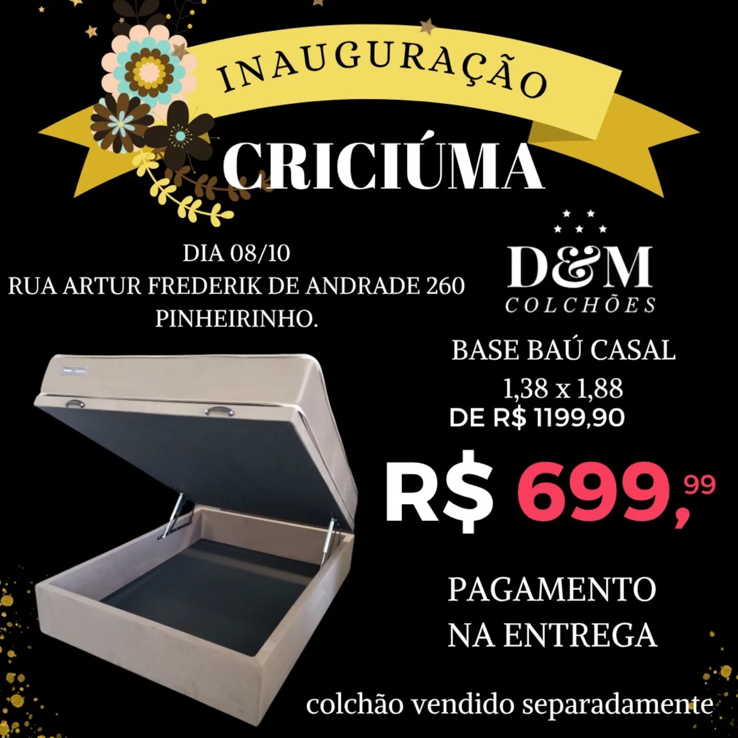 D&M Colchões Facebook ad: INAUGURAÇÃO EM CRICIÚMA!