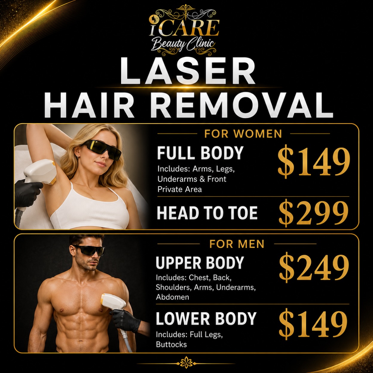 I Care Beauty Clinic Facebook ad: AUGUST LASER HAIR REMOVAL SPECIALS