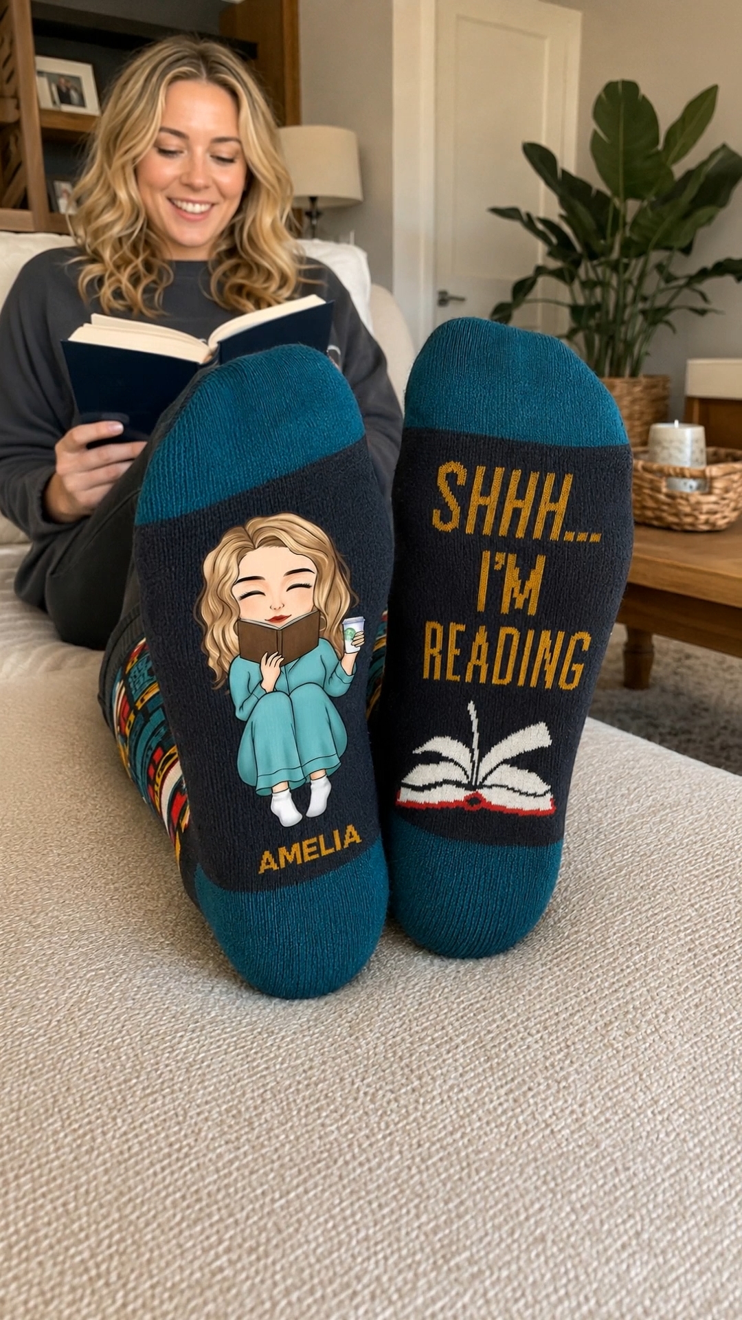 Gift Soul Facebook ad: For readers, these personalized socks add a cozy…