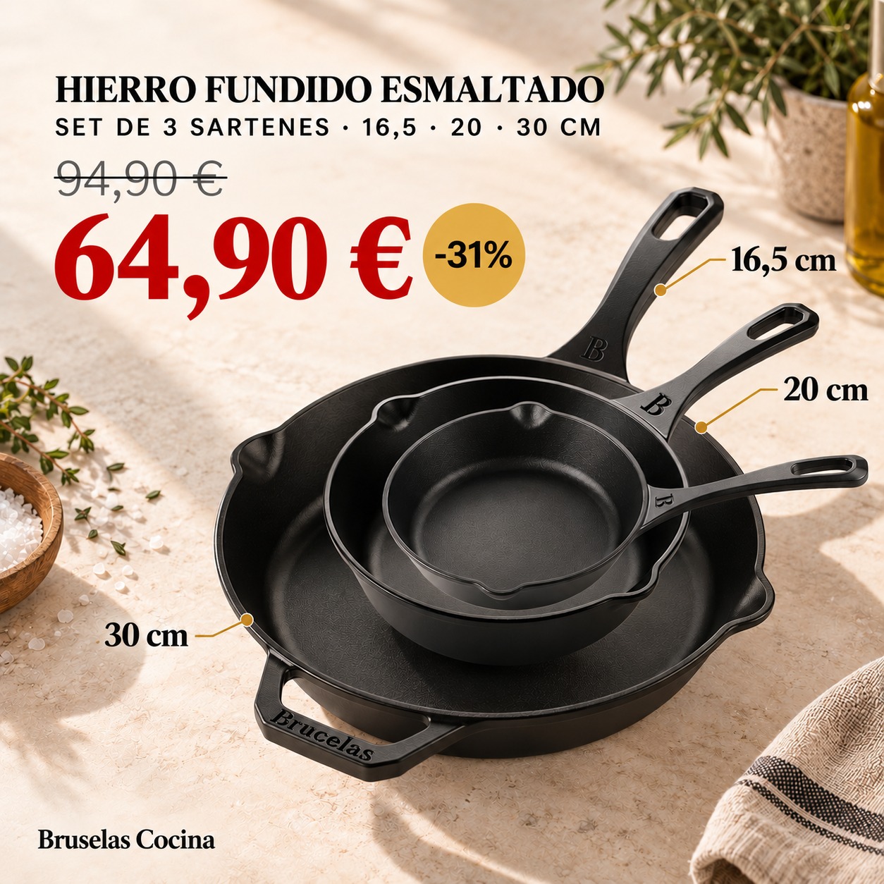 Bruselas Cocina Spain Facebook ad: 3 sartenes de hierro fundido por solo 64,90 €
