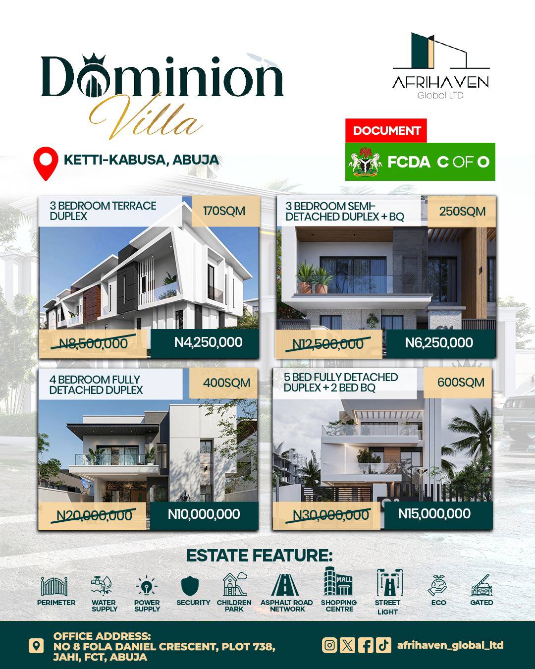 FrankAfrihaven Facebook ad: Get a plot or more today at Dominion…