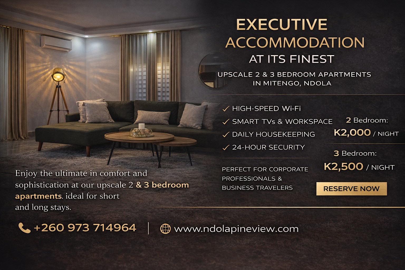 Ndola Pineview Luxury Apartments Facebook ad: Where Business Meets Refined Living.