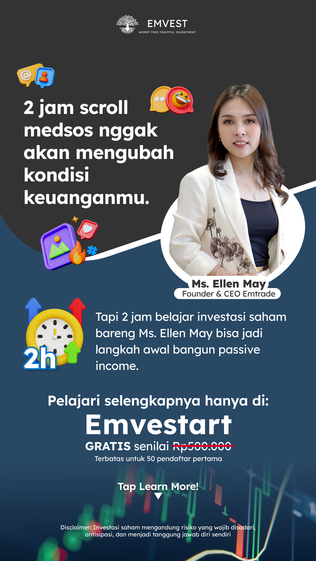 Ellen May - Emtrade Facebook ad: Belajar strategi investasi dari ahlinya