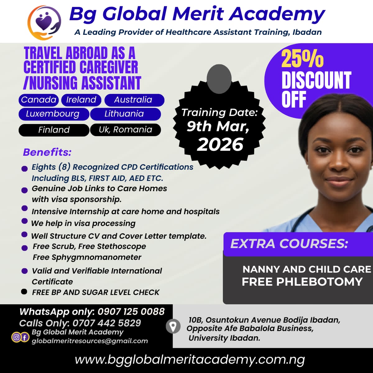 BG Global Merit Academy Facebook ad: Gain employment in Uk, Canada etc as Caregiver