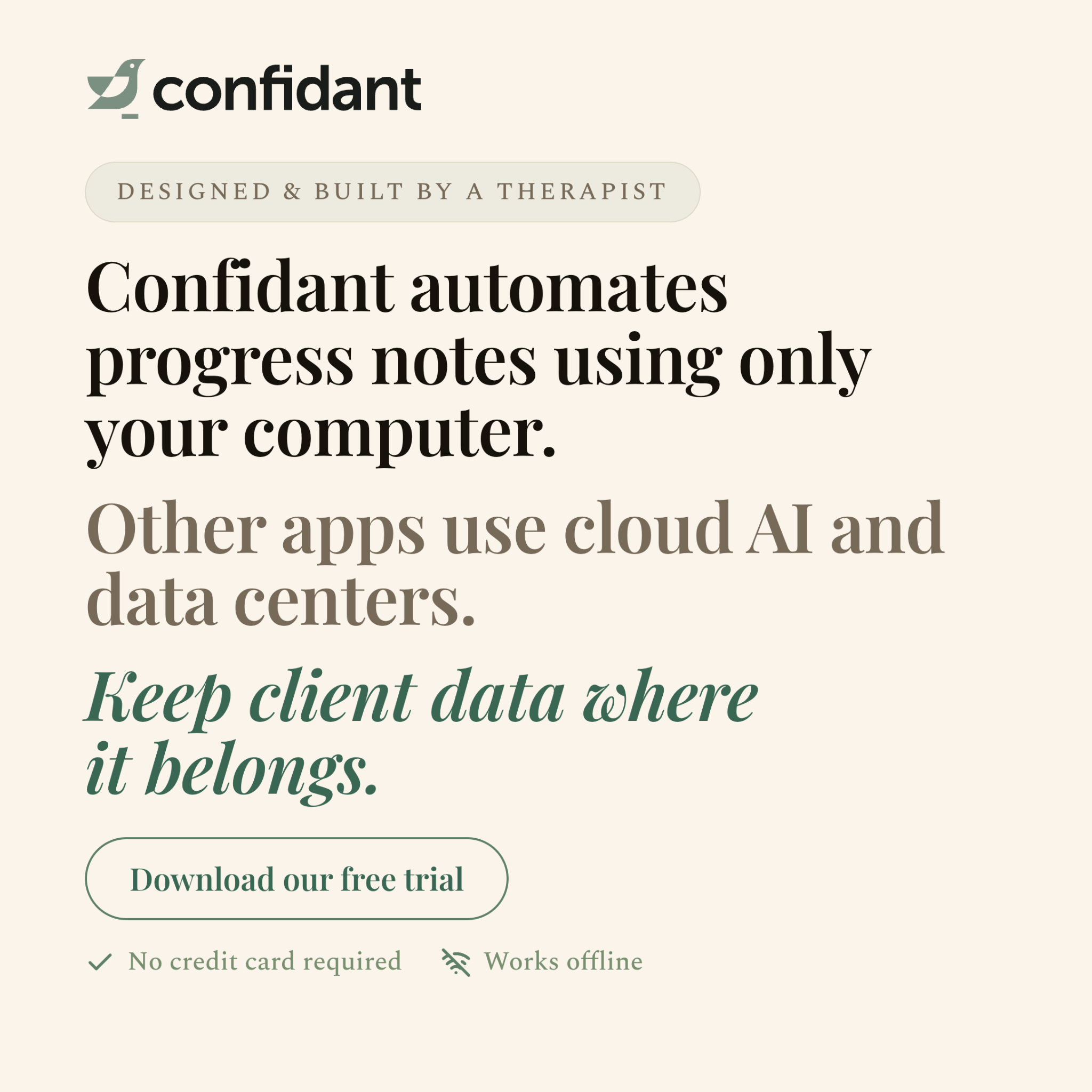 Confidant Notes Facebook ad: Local AI Therapy Progress Notes, Private, Offline, Buy…