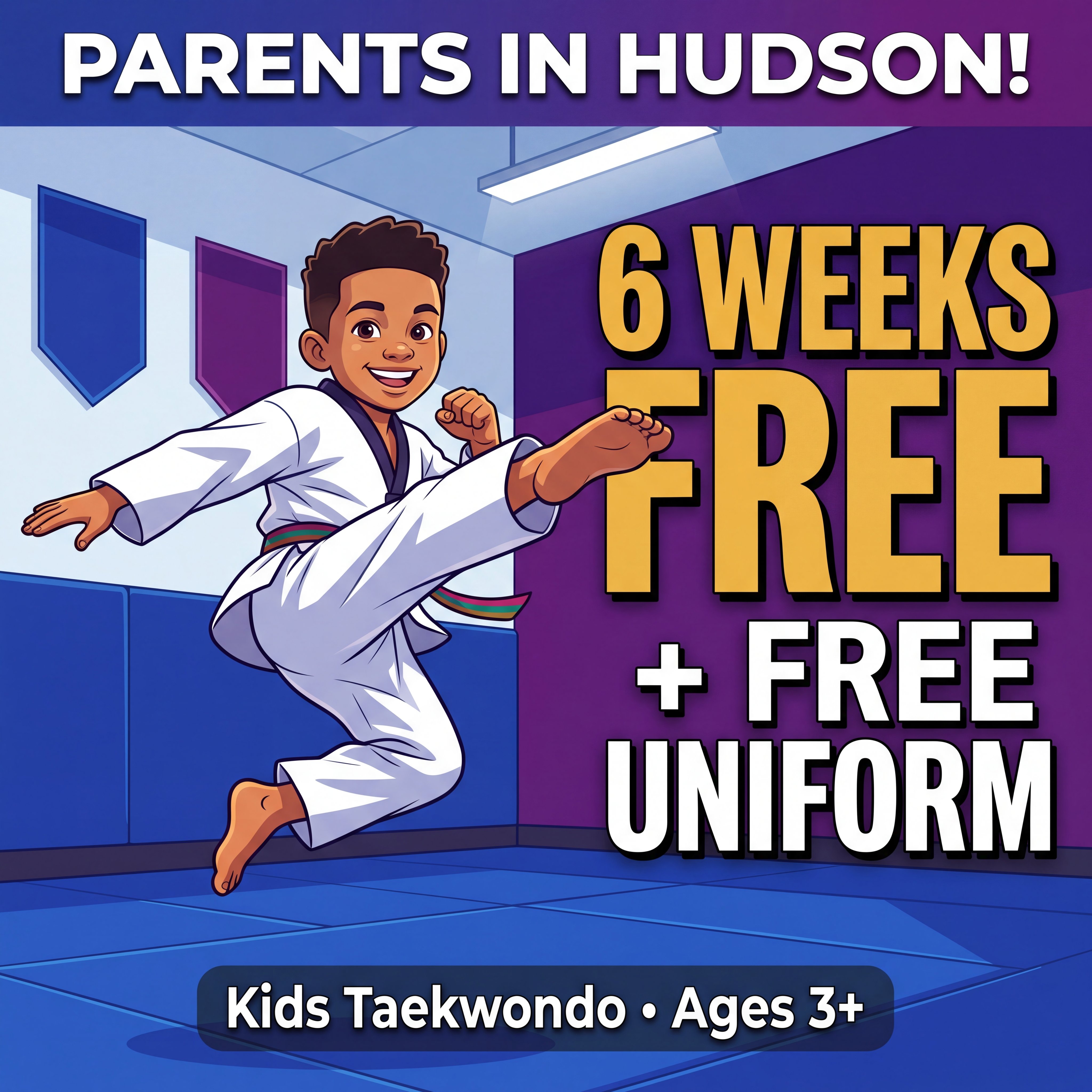 Asian Sun Martial Arts Hudson Facebook ad: 6 Weeks Free + Free Uniform