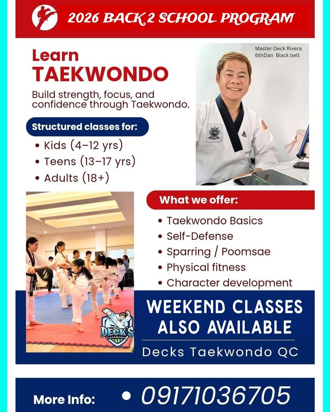 Decks Taekwondo - Quezon City Facebook ad: Join DECKS TAEKWONDO'S Back 2 School Program.