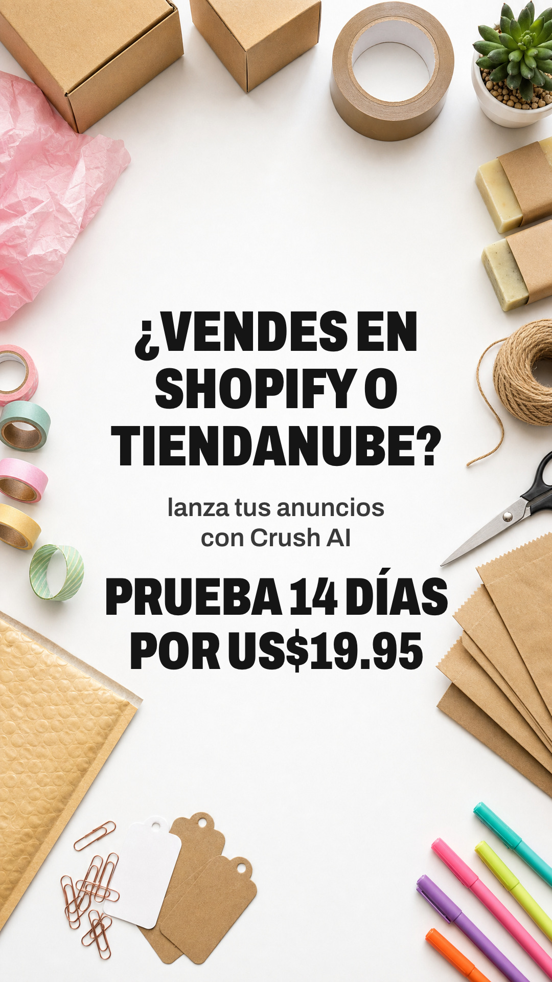 trycrush.ai Facebook ad: ¿Vendes en Shopify o Tiendanube?