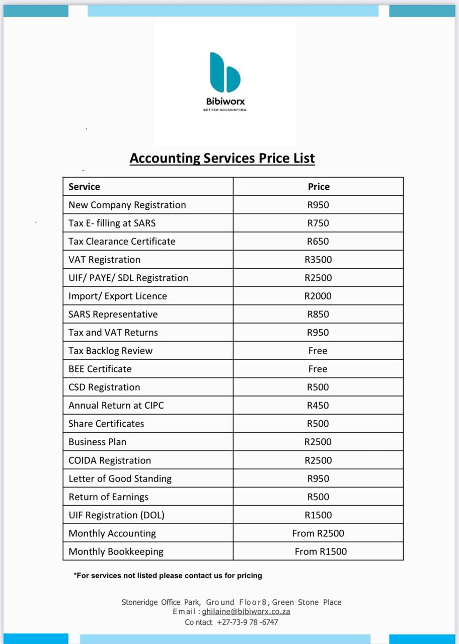 Bibiworx (Pty) Ltd Facebook ad: For all your bookkeeper, tax and secretarial services…
