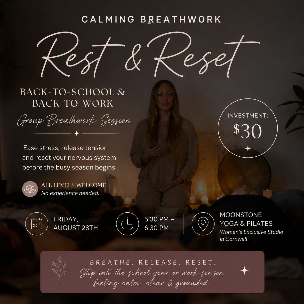 Jessica MacAllister Co. Facebook ad: Calming Breathwork. Rest & Reset: Back-to-School &…
