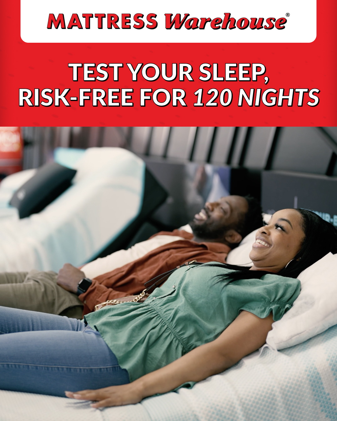 Mattress Warehouse Facebook ad: 100% Comfort Guarantee for 120 days
