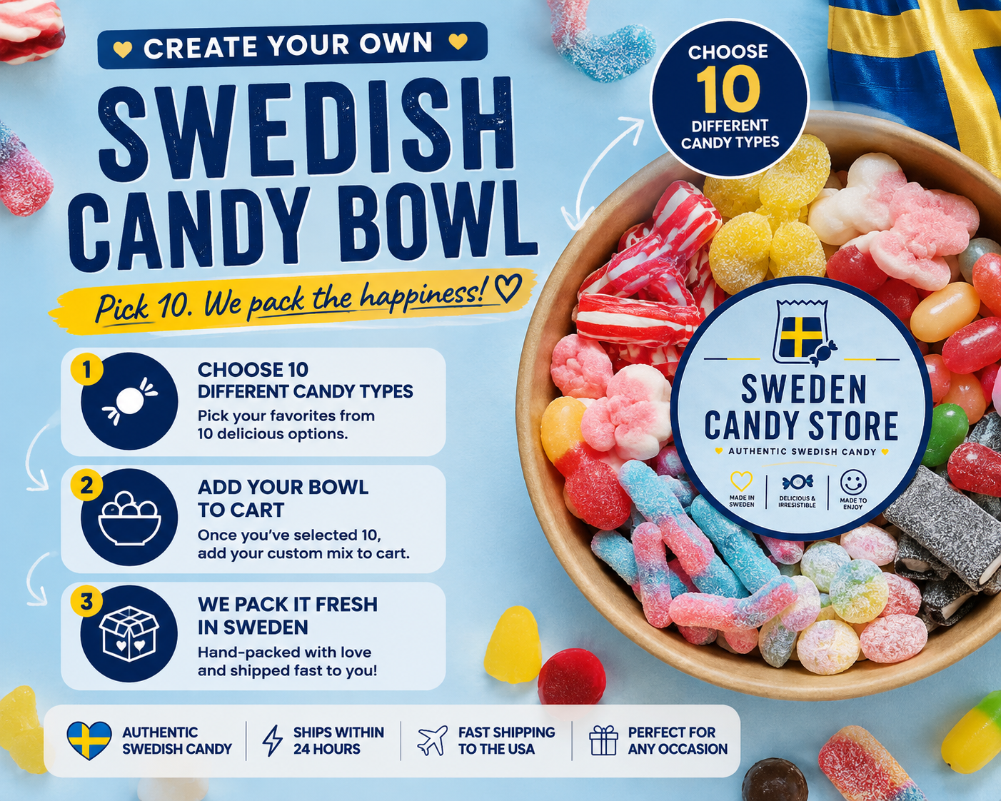 Sweden Candy Store Facebook ad: FREE GIFT WITH EVERY ORDER
