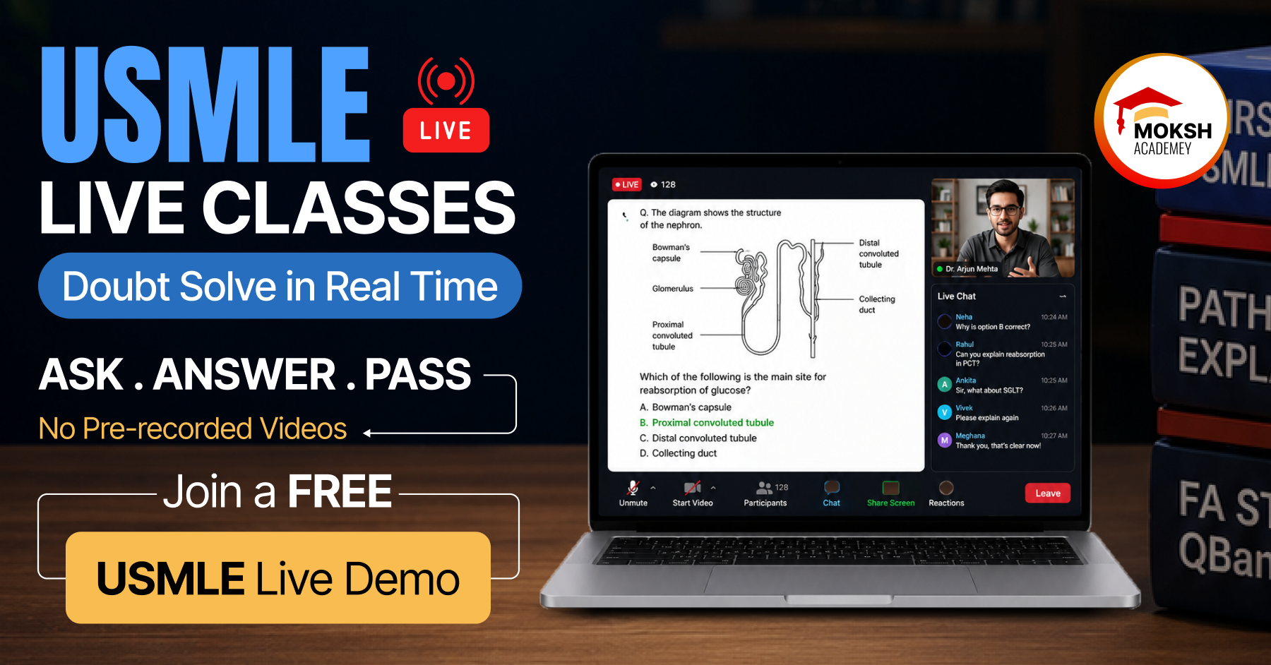 MOKSH Academy Facebook ad: Experience USMLE Live Classes