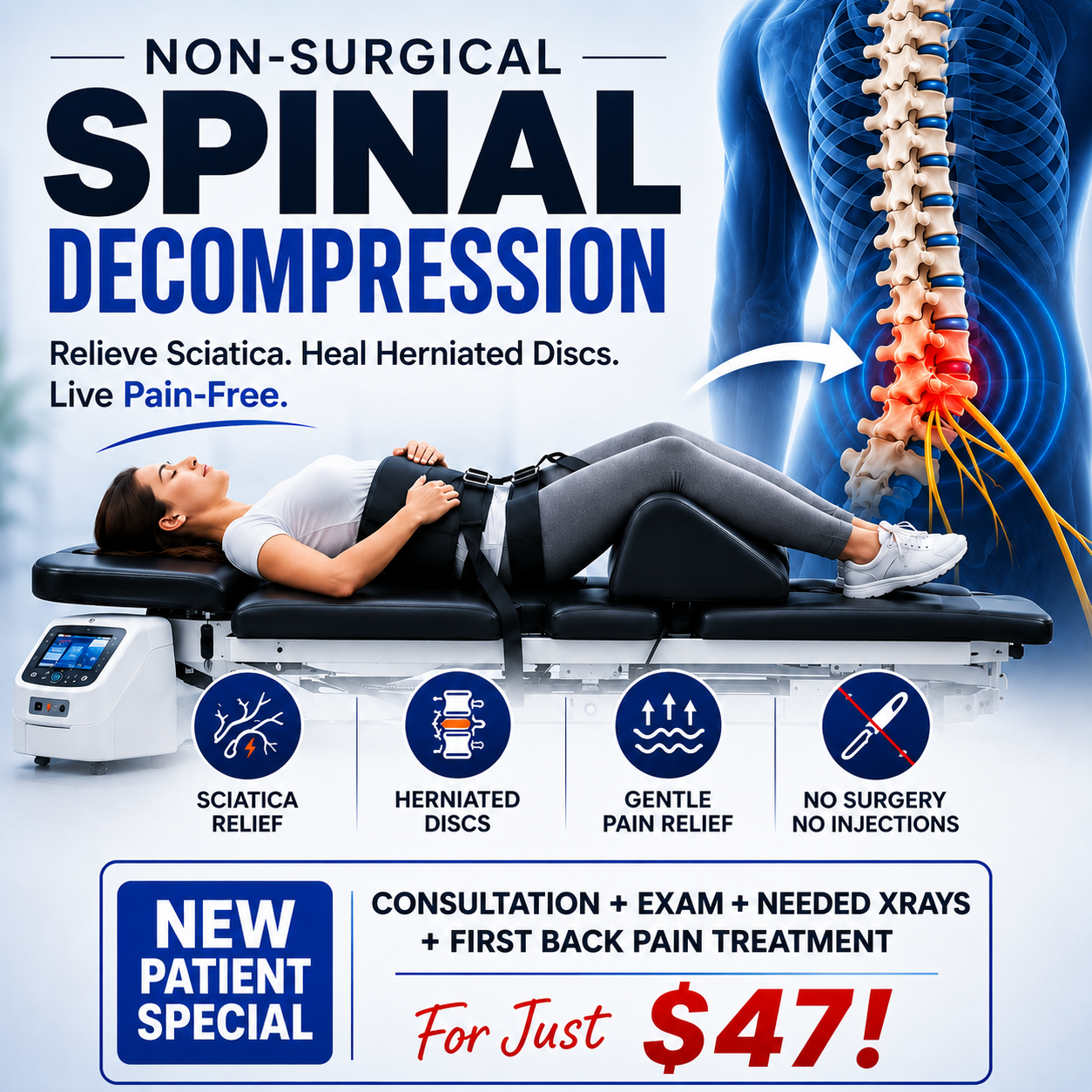 Neural FX Chiropractic Facebook ad: $47 Consult, Exam, XRays(If needed), First back pain…