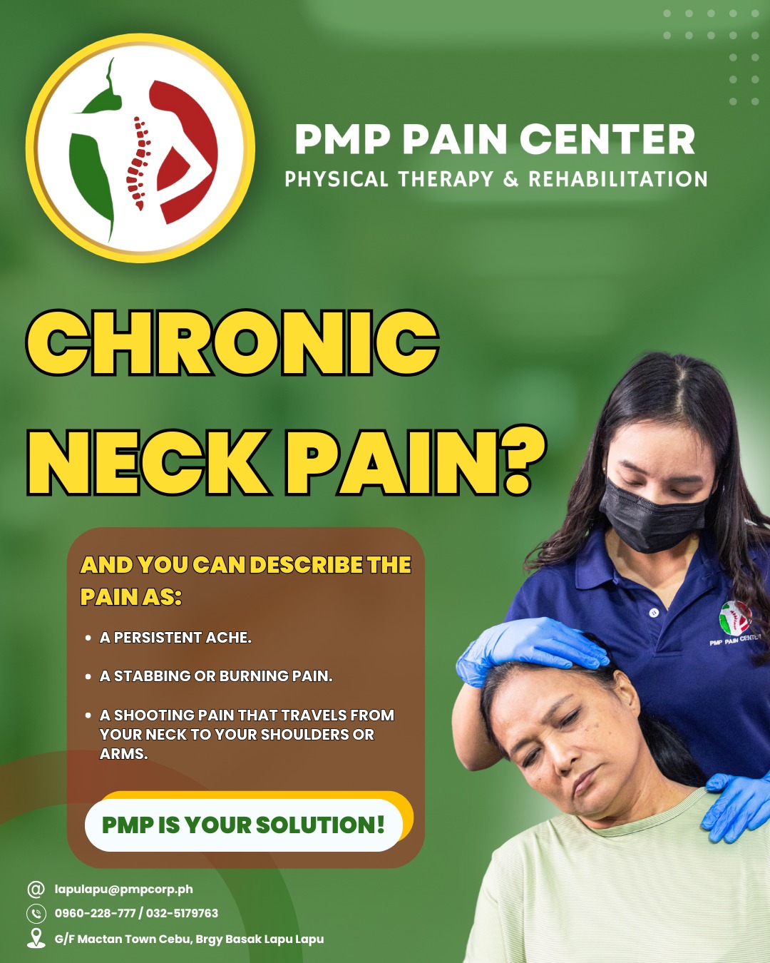 PMP Pain Center Lapu-Lapu City Facebook ad: 𝗜𝗦 𝗬𝗢𝗨𝗥 𝗡𝗘𝗖𝗞 𝗣𝗔𝗜𝗡 𝗕𝗢𝗧𝗛𝗘𝗥𝗜𝗡𝗚 𝗬𝗢𝗨?