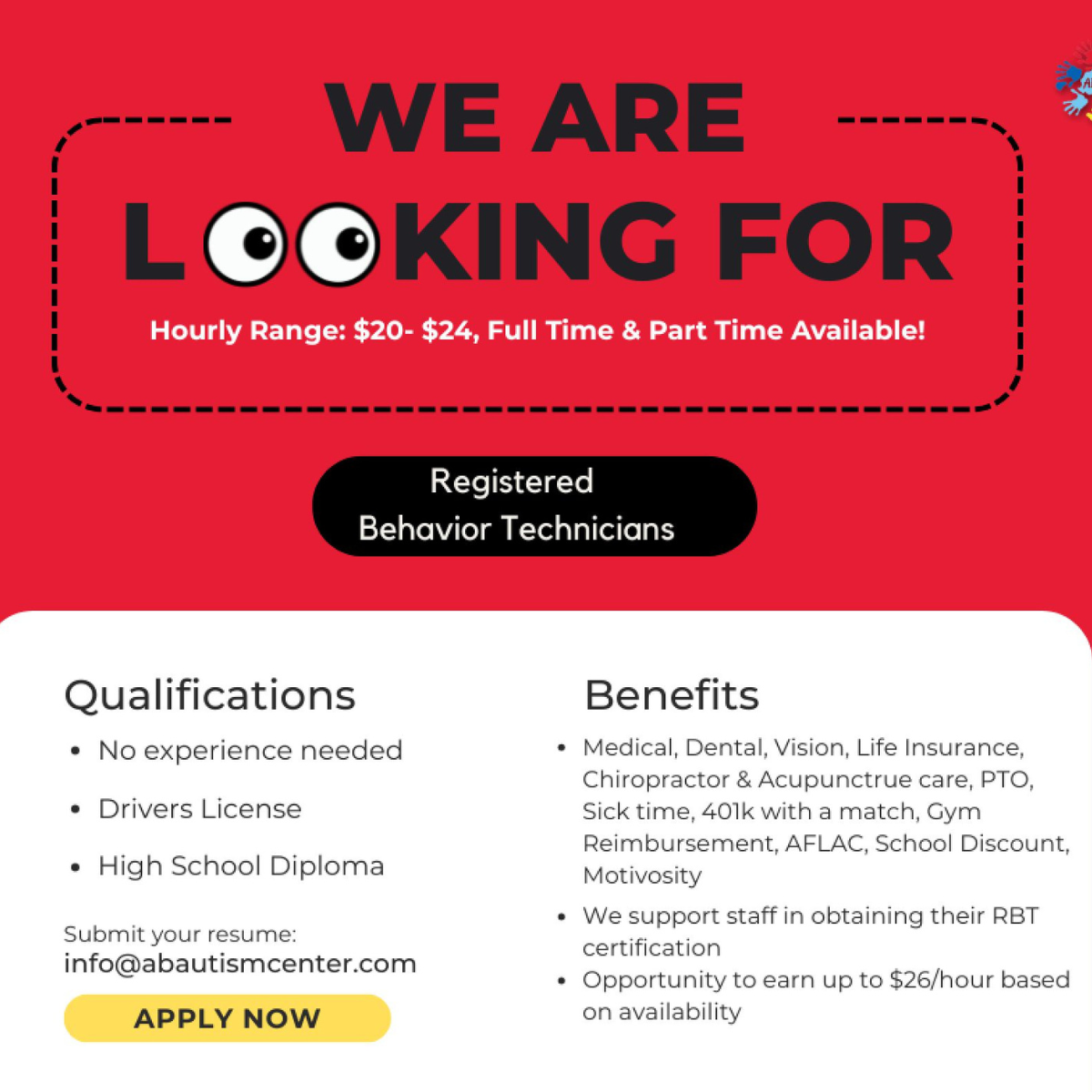 Applied Behavior Autism Center Facebook ad: Now Hiring Behavior Technicians, $20-$24/hr