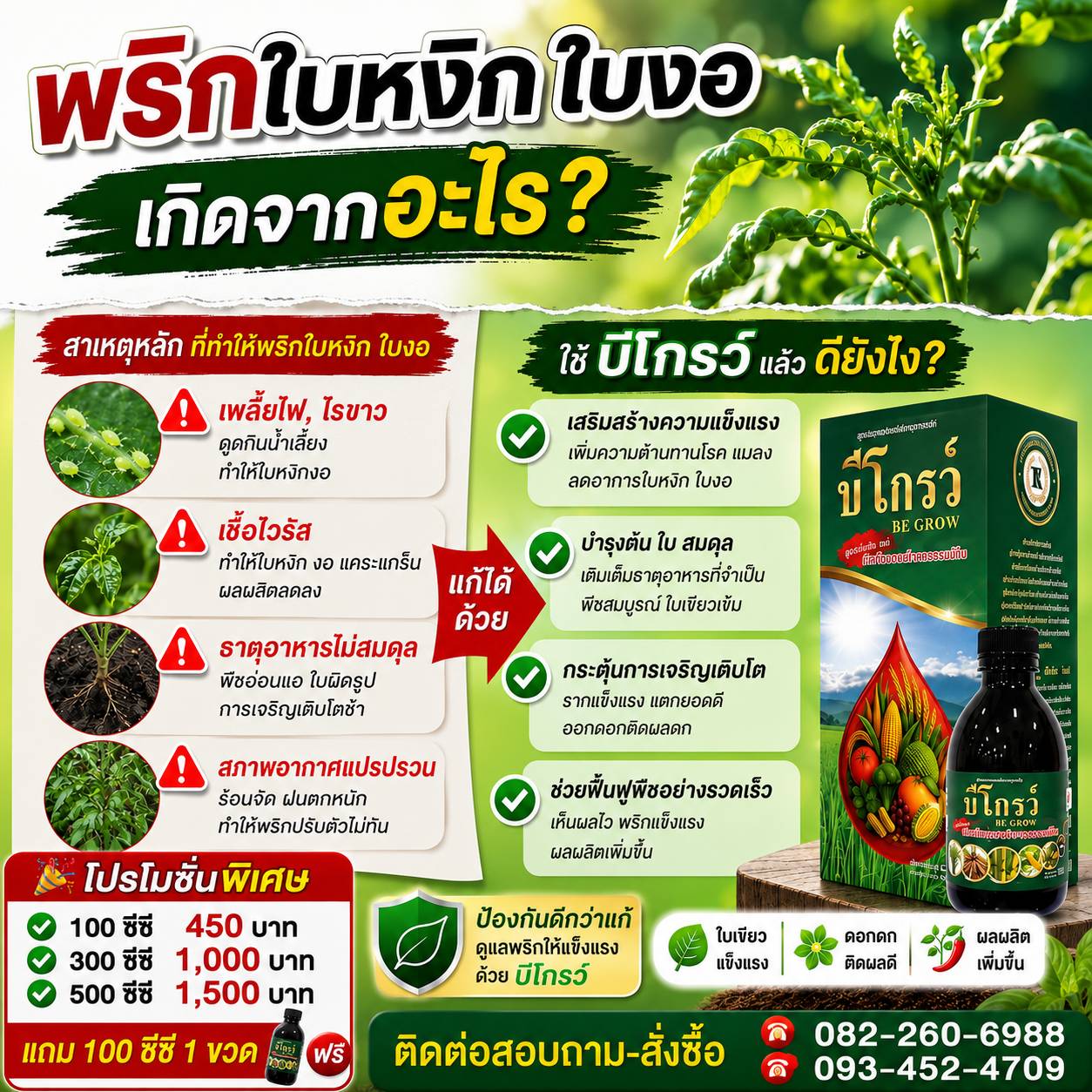 บีโกรว์ สารเพิ่มพูนผลผลิตทางการเกษตร 093-4524709 /082-2606988 Facebook ad: ส่งทั่วประเทศ มีบริการเก็บปลายทาง