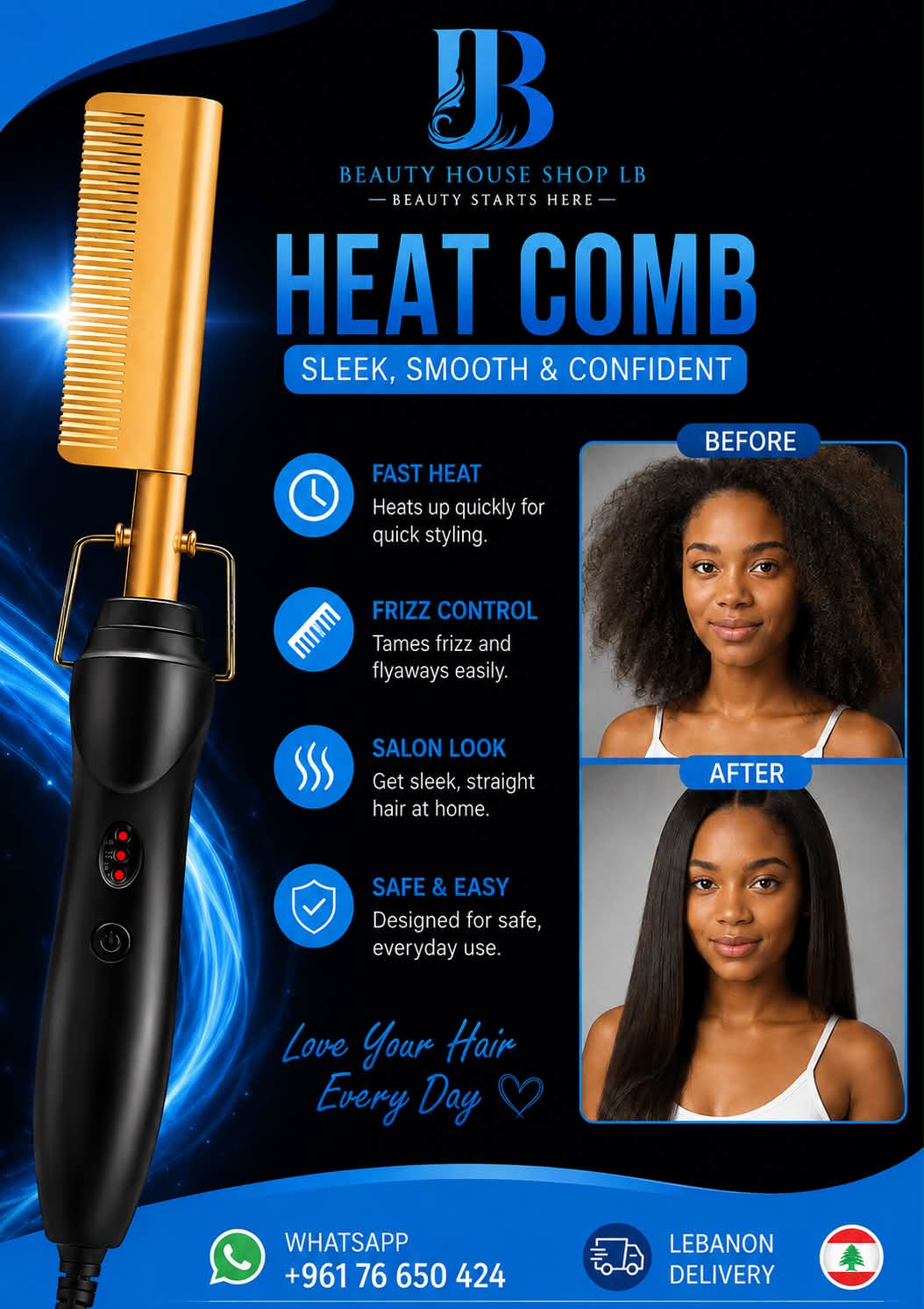 Beauty House LB Facebook ad: Goodbye Frizz. Hello Shine!