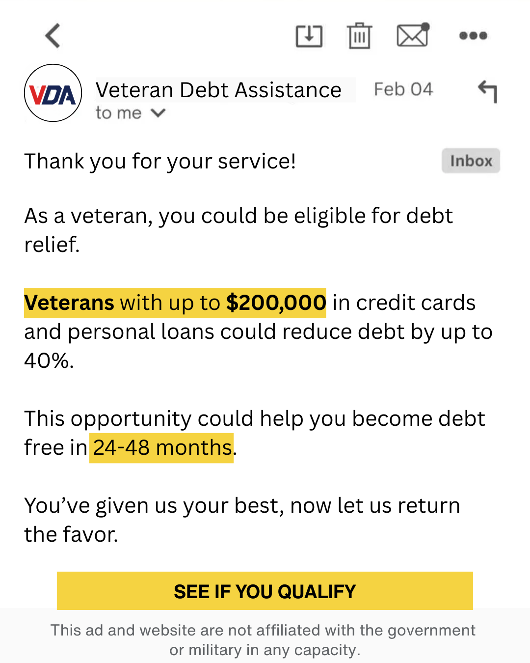 Veteran Debt Assistance Facebook ad