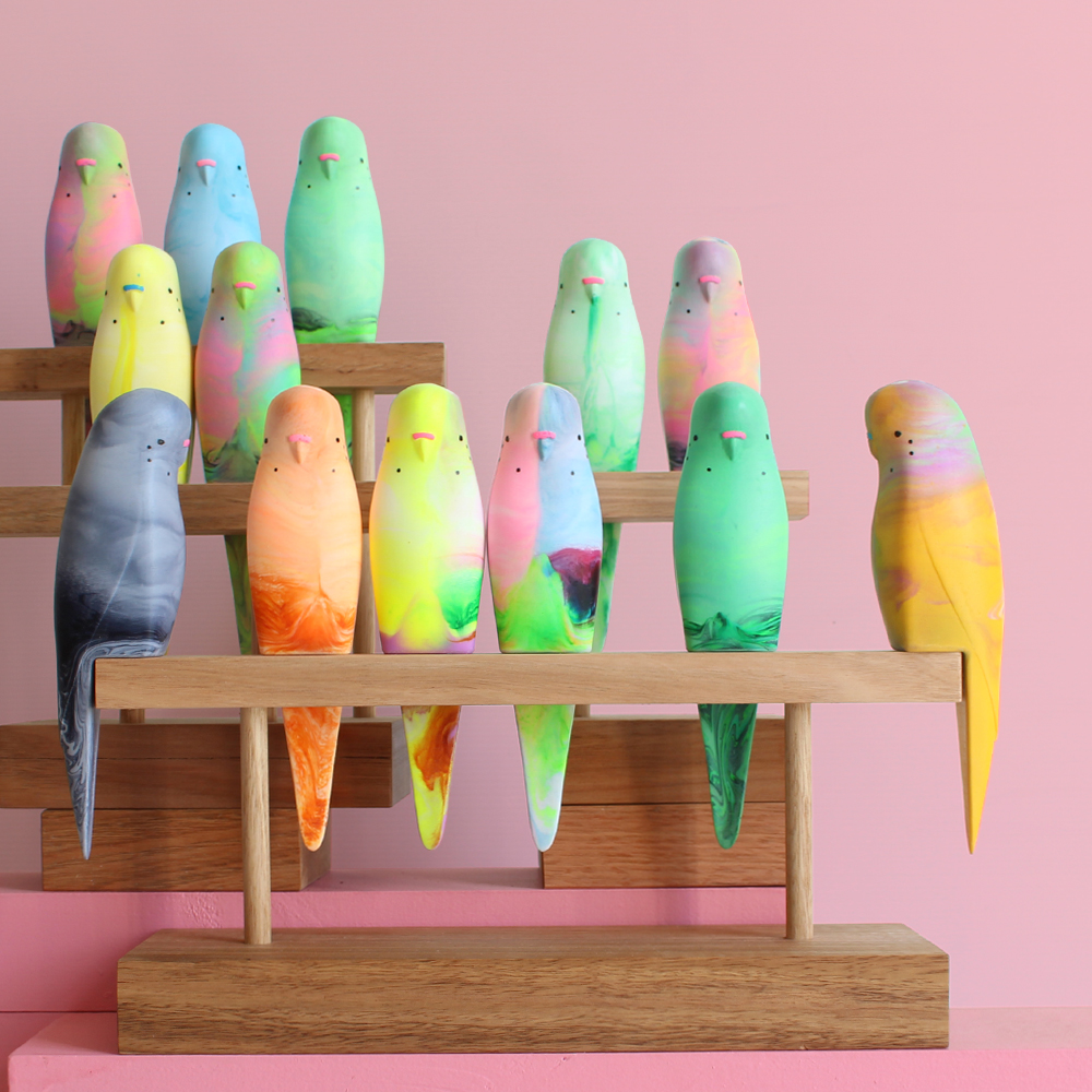 Pete Cromer Facebook ad: Handmade budgerigar sculptures, colour & joy in every…