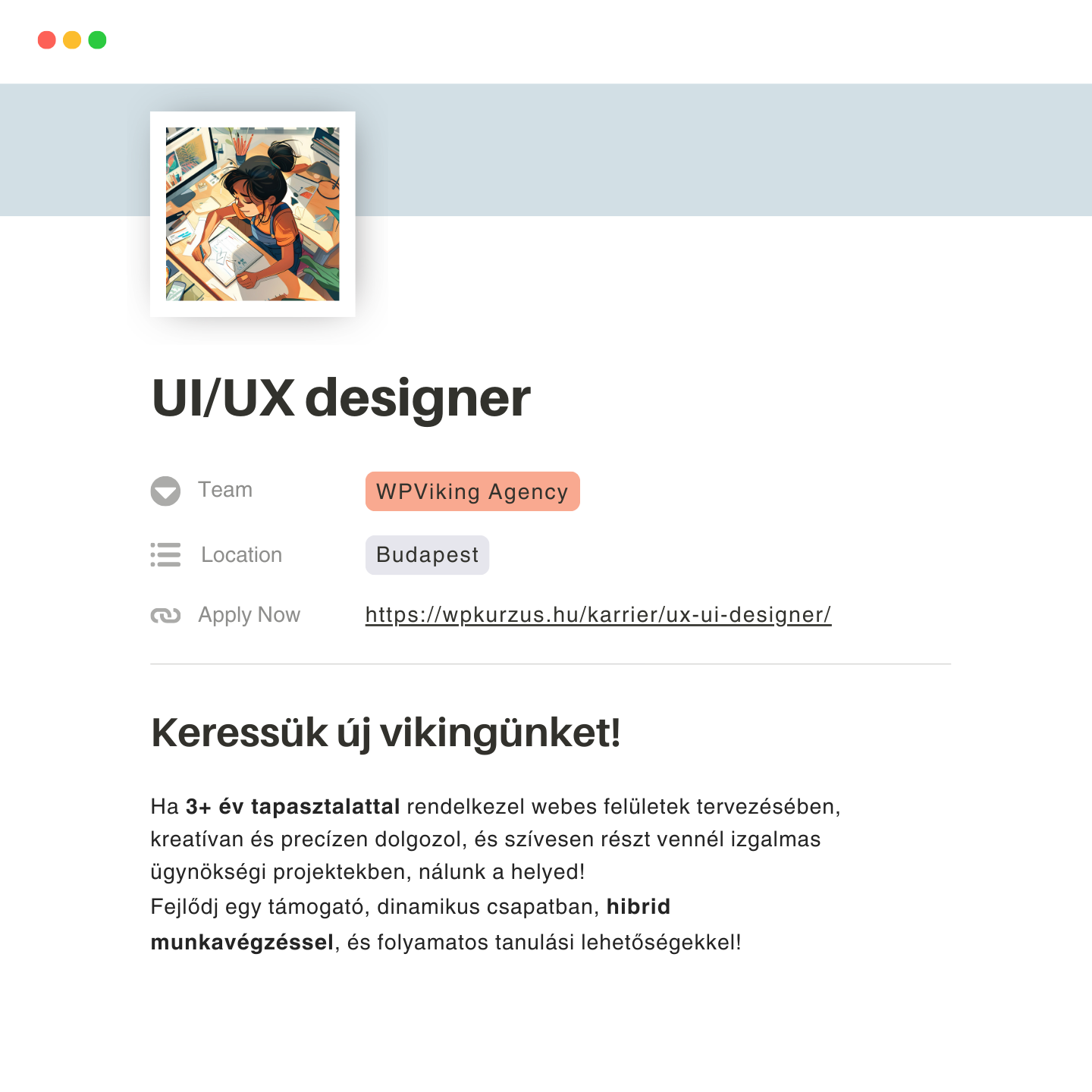 WPKurzus Facebook ad: UX/UI Designer pozíció
