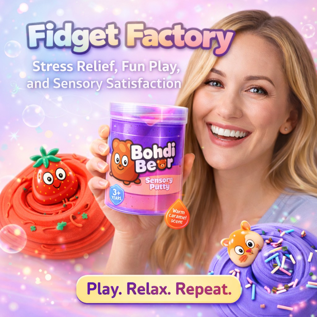 Fidgets Factory Facebook ad: Fidget Factory, Stress Relief, Fun Play, and Sensory…