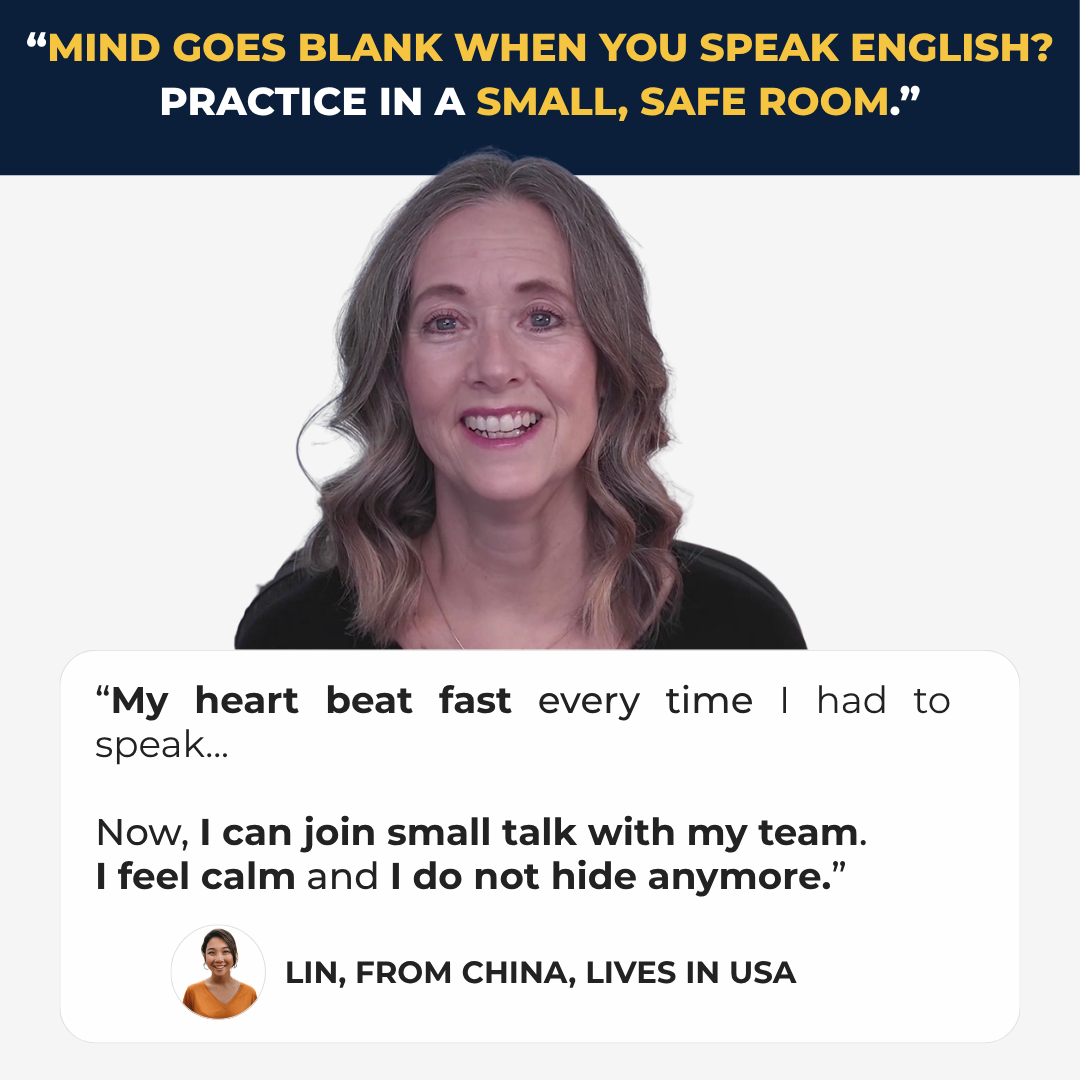 Calm English Conversation Club Facebook ad: Mind goes blank when you speak English?