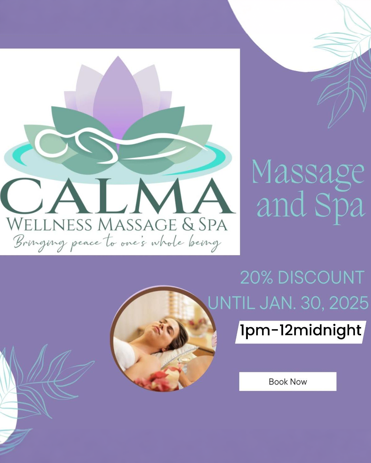 CALMA Wellness Massage & Spa Facebook ad: He lets me rest in green pastures.