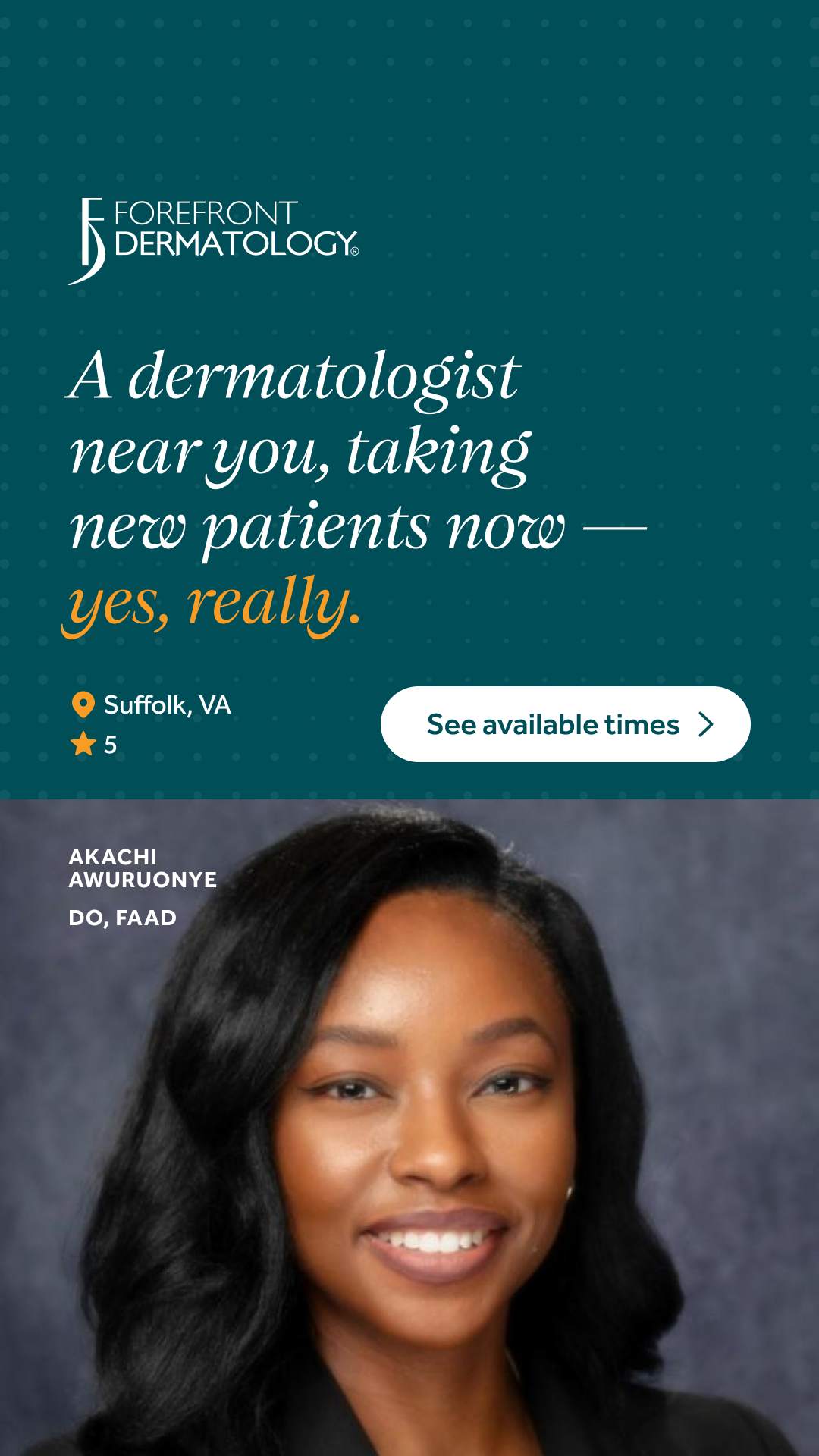 Forefront Dermatology Suffolk Facebook ad from Jun 15, 2026